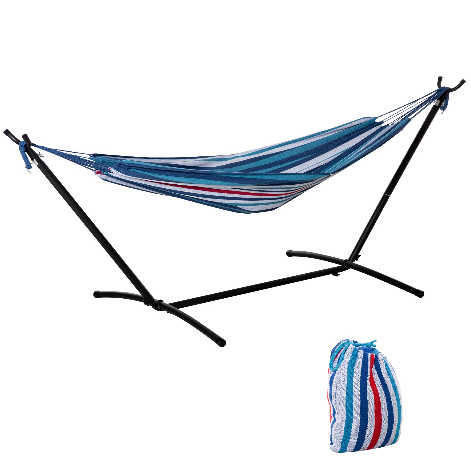 Outsunny 298 x 117cm Hammock with Stand Camping Hammock with Portable Carrying Bag, Adjustable Height, 120kg Load Capacity, White Stripe - North Peak Garden Furniture