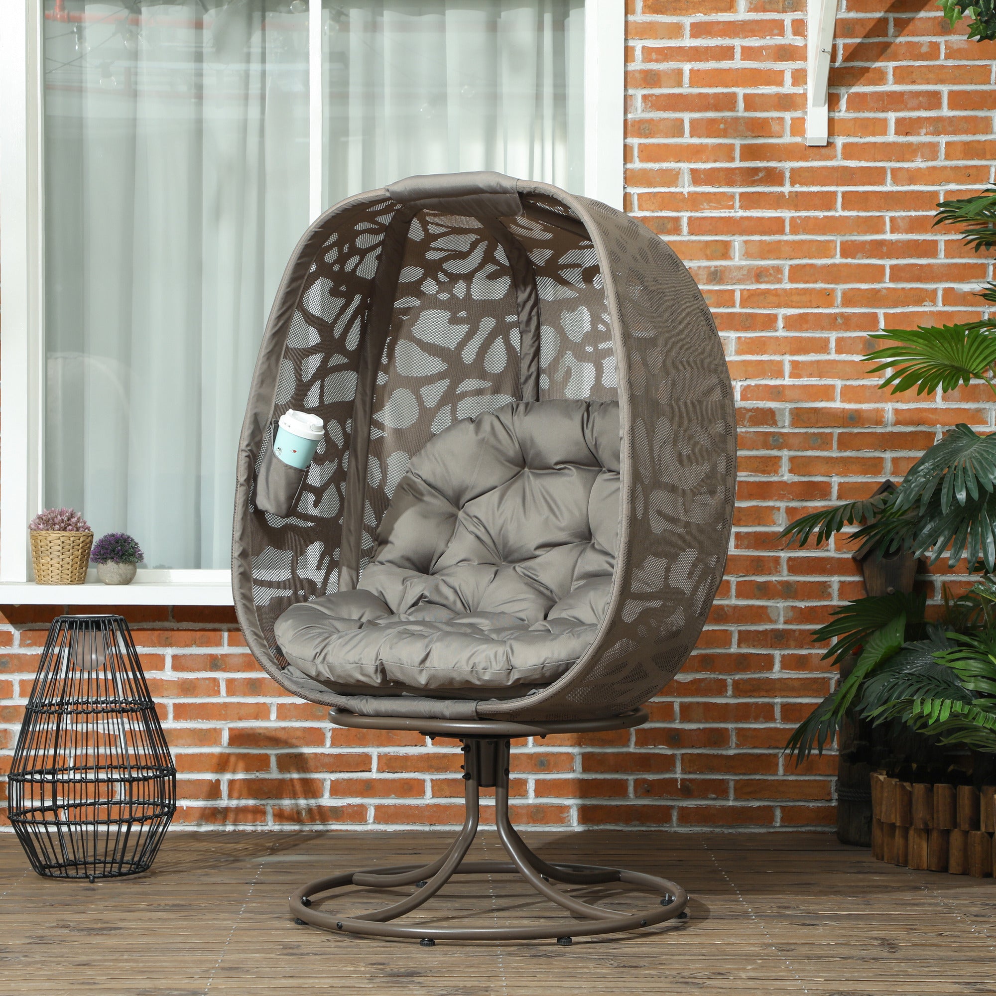 Outsunny Swivel Egg Chair with Cushions, Foldable Basket Seat and Metal Frame, Indoor Outdoor Lounge Chair for Balcony, Poolside, Patio and Living Room, Sand Brown - North Peak Garden Furniture