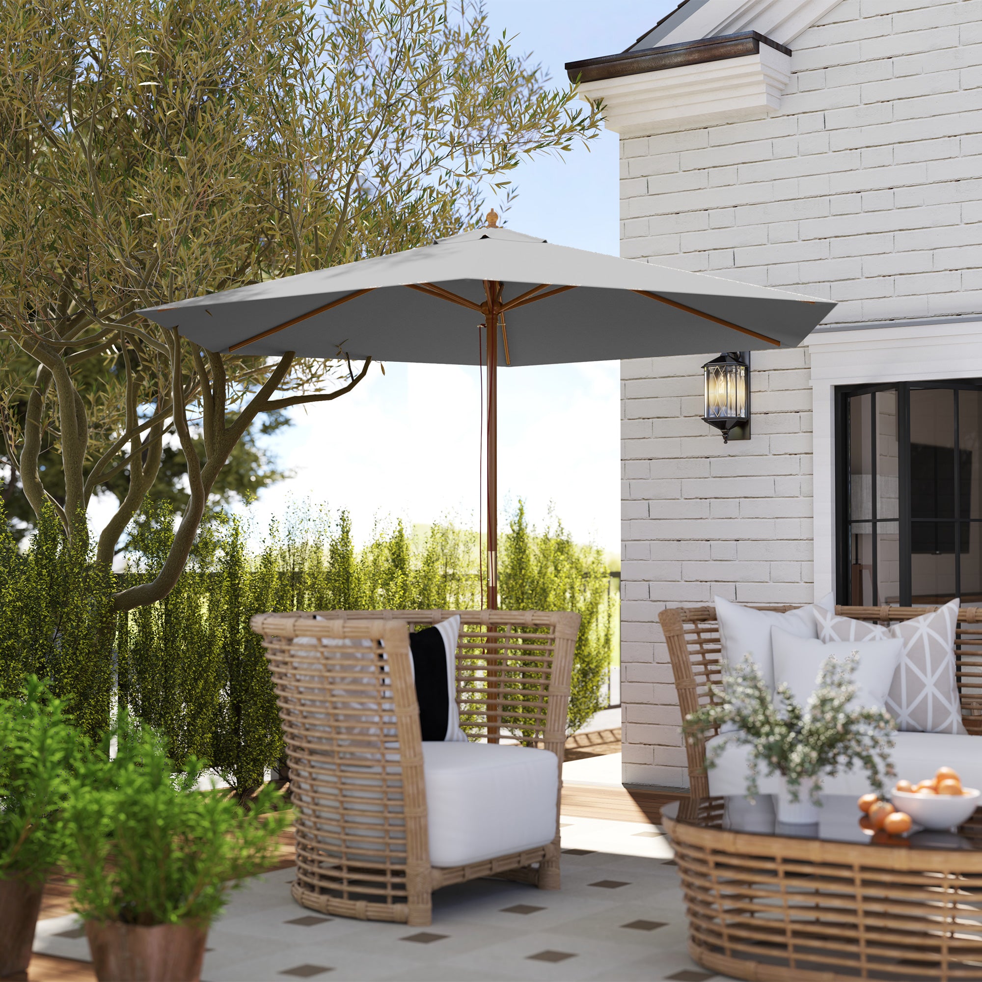 Outsunny 2.5m Wood Garden Parasol Sun Shade Patio Outdoor Wooden Umbrella Canopy Light Grey - North Peak Garden Furniture