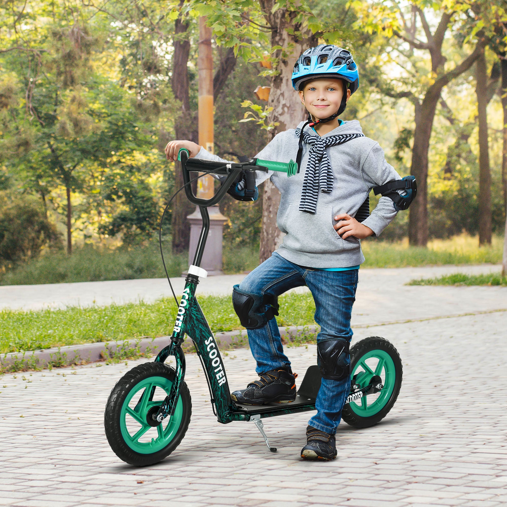 AIYAPLAY Kids Scooter with Adjustable Handlebar, Children's Kick Scooter with Non-slip Footplate, Rear Brake, Kickstand, Green - North Peak Garden Furniture