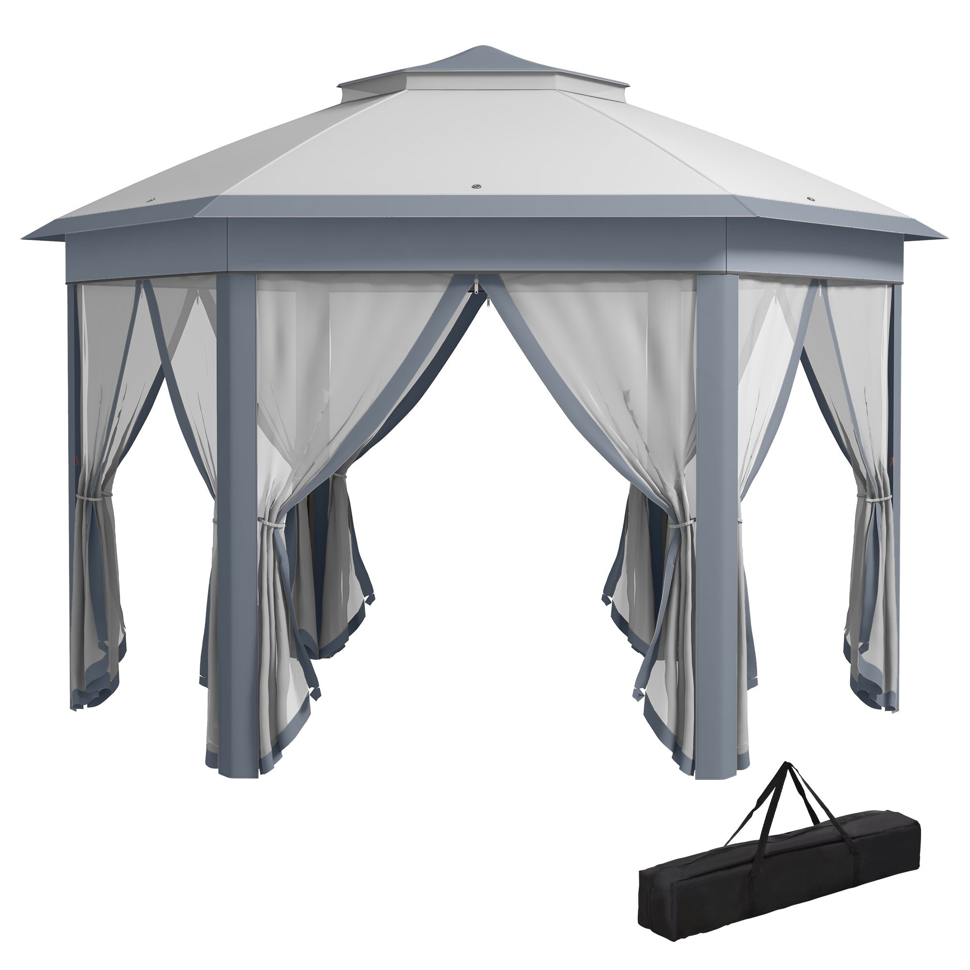 Outsunny 3 x 4m Metal Frame Hexagon Gazebo, with Curtains - Grey - North Peak Garden Furniture