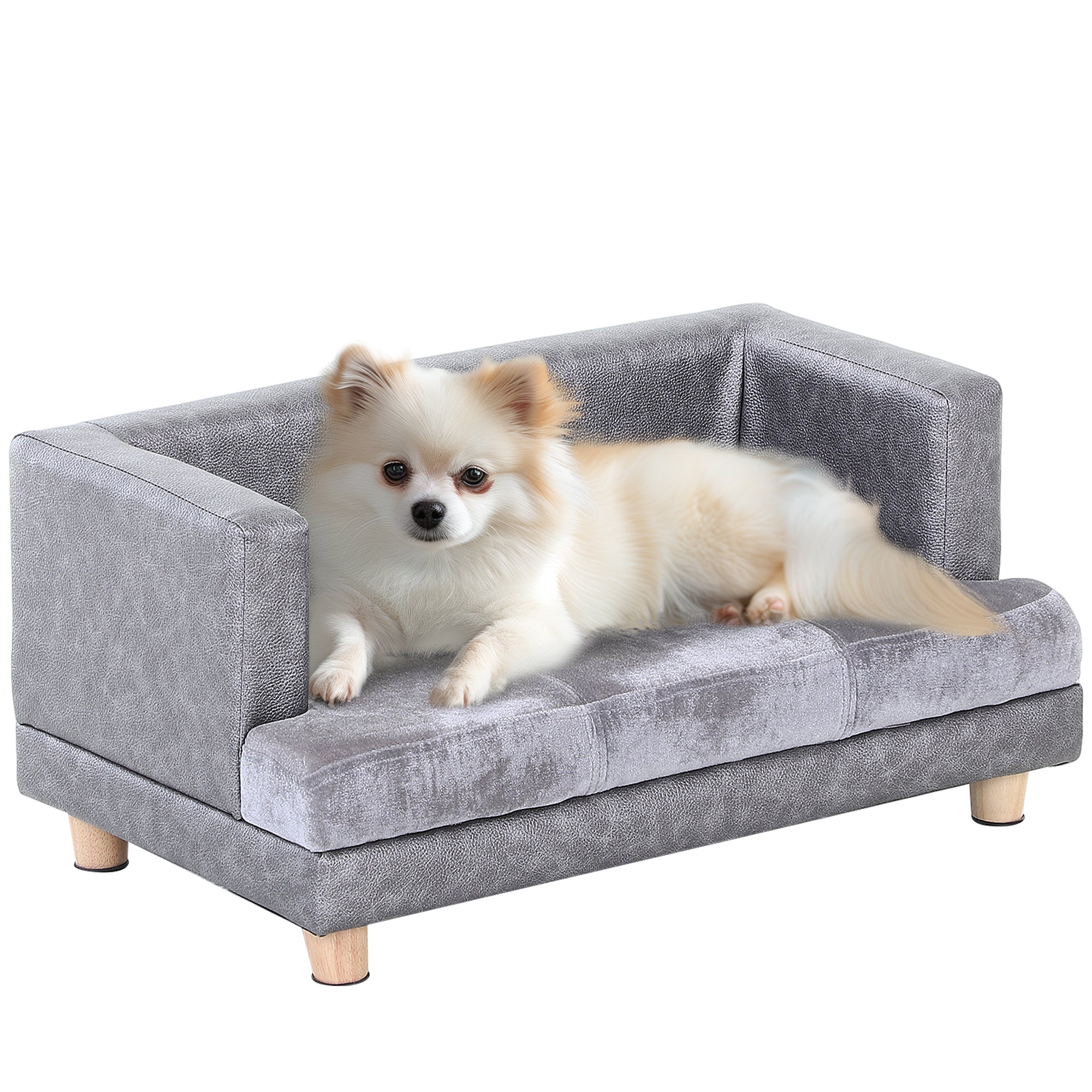 PawHut Dog Sofa Bed for Small-Sized Dogs, Elevated Pet Chair with PU Cover, Soft Cushion, Cat Couch Lounger with Anti-slip Legs - Grey - North Peak Garden Furniture