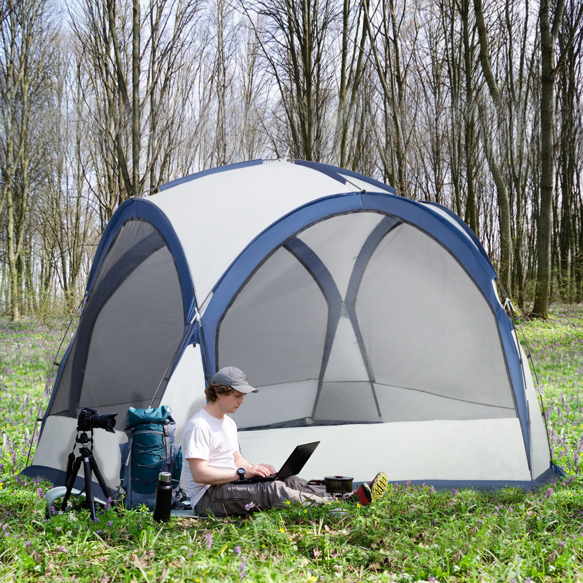Outsunny Dome Tent for 6-8 Person, Camping Tent with 4 Zipped Mesh Doors, Removable Oxford Cloth, Lamp Hook, Portable Carry Bag, White and Blue - North Peak Garden Furniture