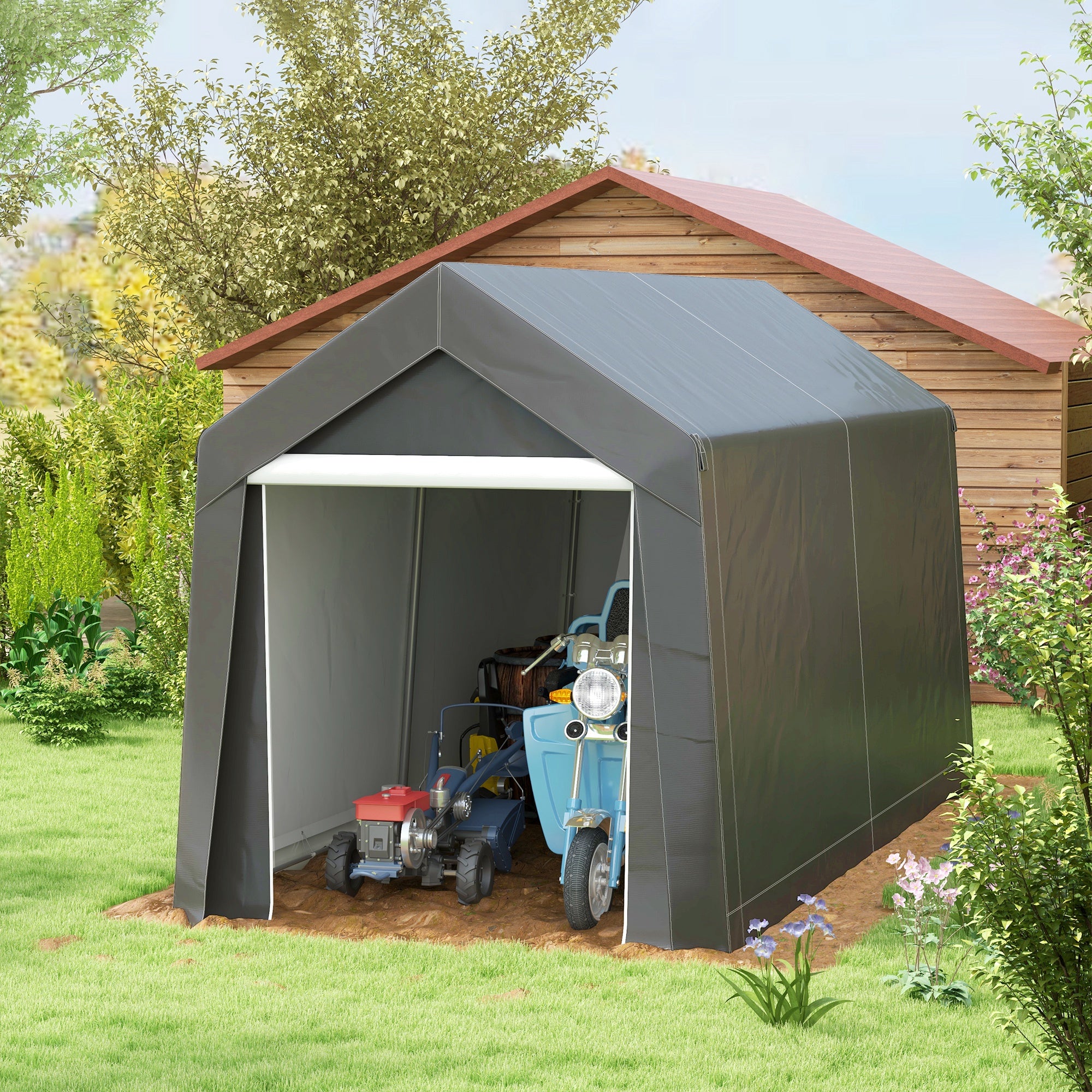 Outsunny 3.6 x 2.1m Portable Outdoor Shed, with Window - Dark Grey - North Peak Garden Furniture