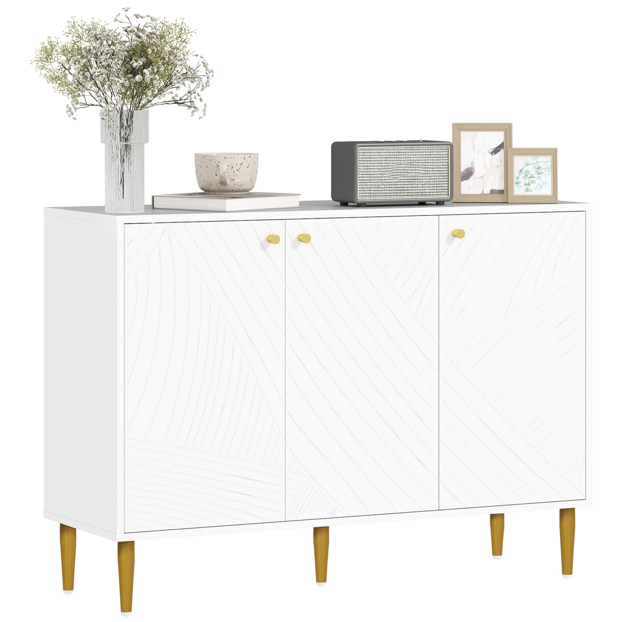 HOMCOM Elegant Two-Cupboard Sideboard - White/Gold-Tone - North Peak Garden Furniture
