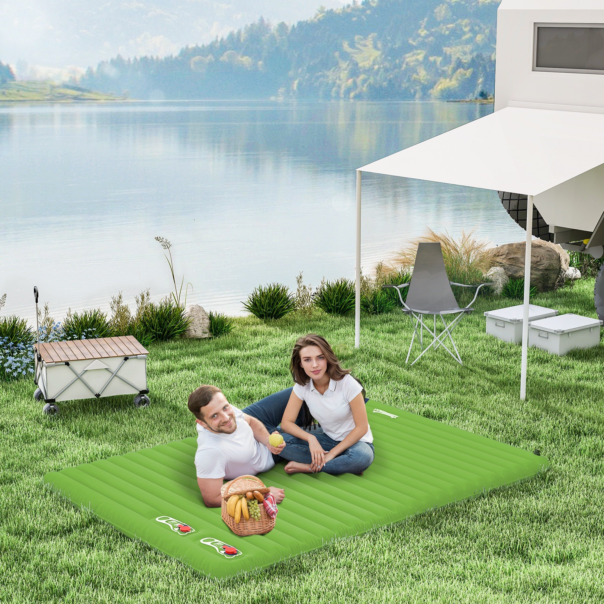 Outsunny 2 Person Camping Inflatable Mattress - Green - North Peak Garden Furniture