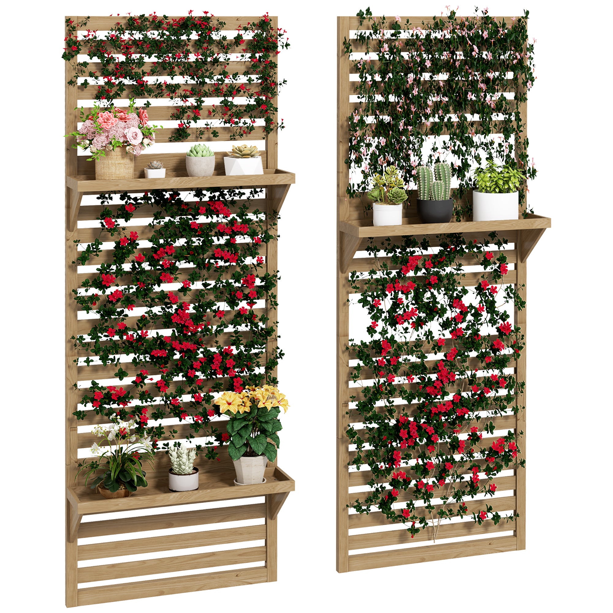 Outsunny Wall Mounted Plant Stands Set of 2, Fir Wood Flower Stand with Shelves and Slatted Trellis for Patio, Balcony, Porch - North Peak Garden Furniture