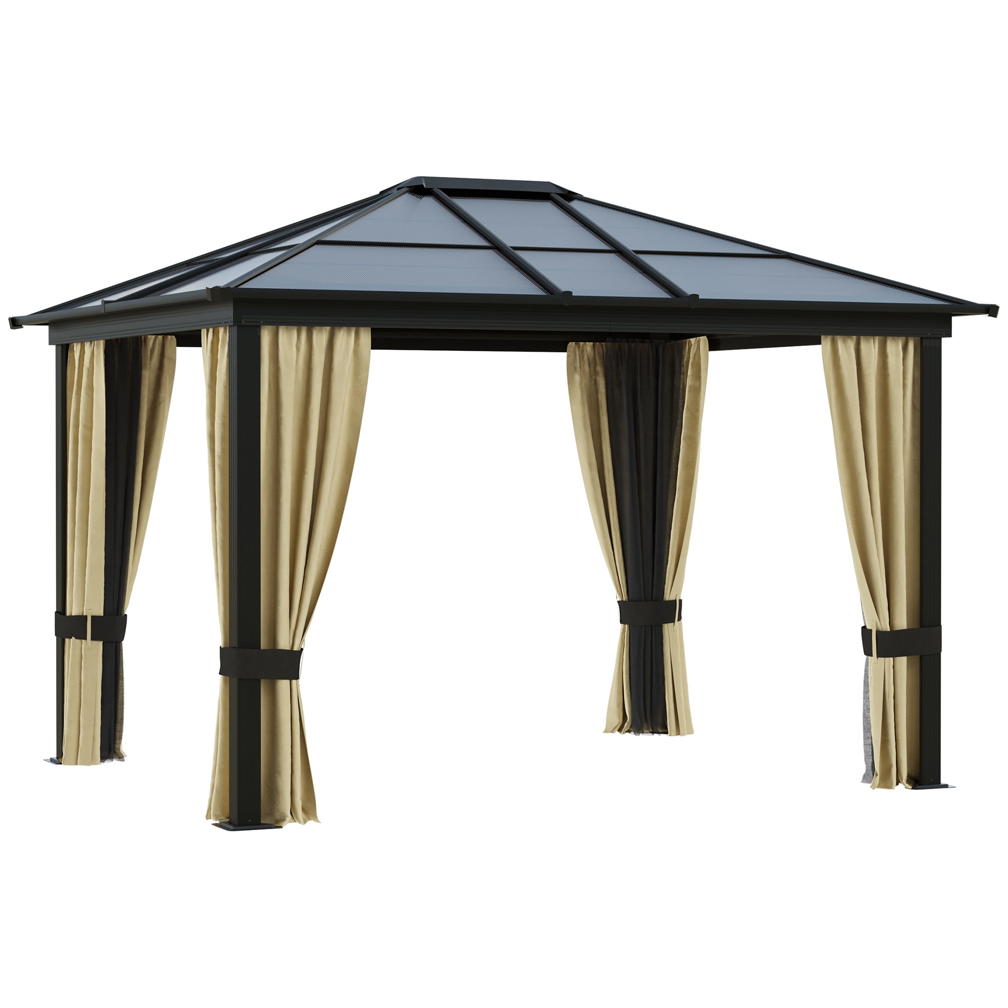 Outsunny 3 x 3.6(m) Hardtop Gazebo Canopy with Polycarbonate Roof and Aluminium Frame, Garden Pavilion with Mosquito Netting and Curtains, Brown - North Peak Garden Furniture