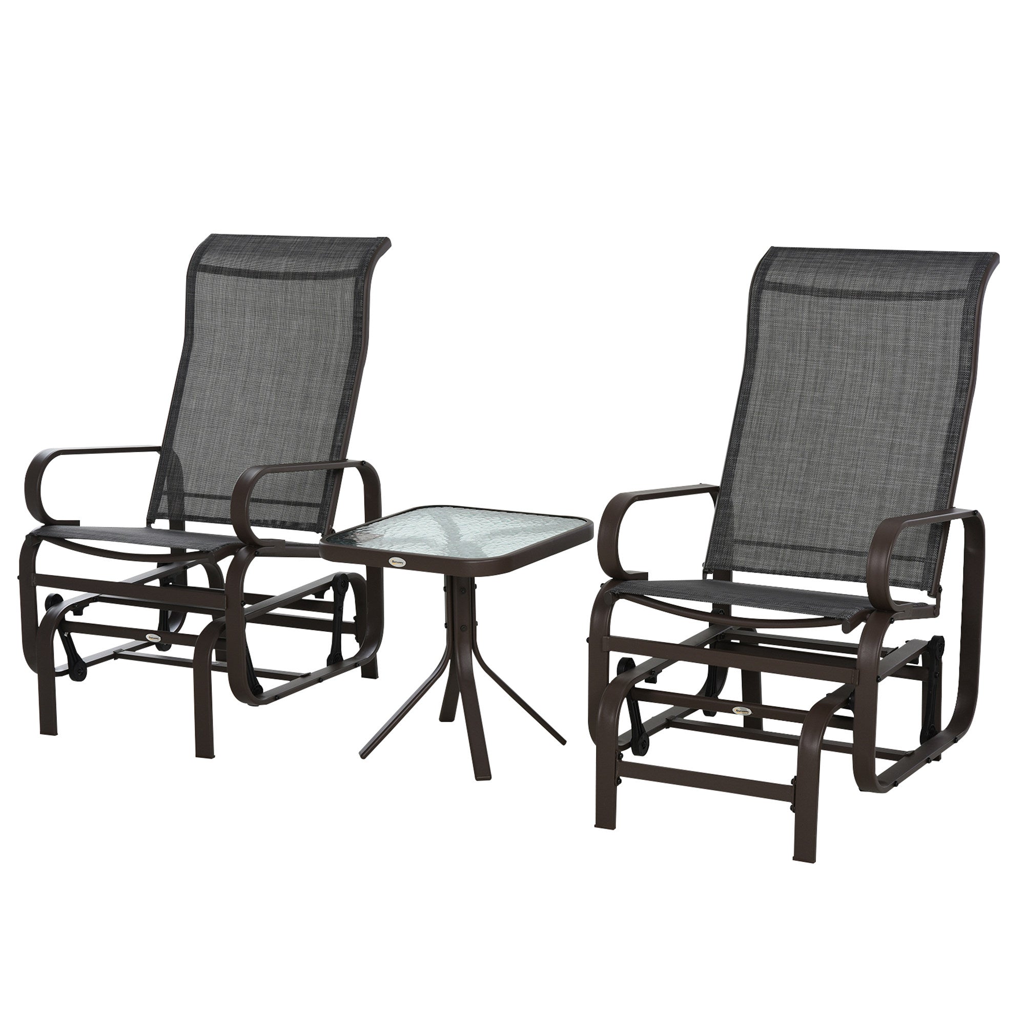 Outsunny 3 Pieces Garden Gliding Chair Set, Metal Frame 2 Single Armchair Swing Seater and 1 Glass Top Coffee Table w/ Breath Mesh Fabric Seat, Brown - North Peak Garden Furniture