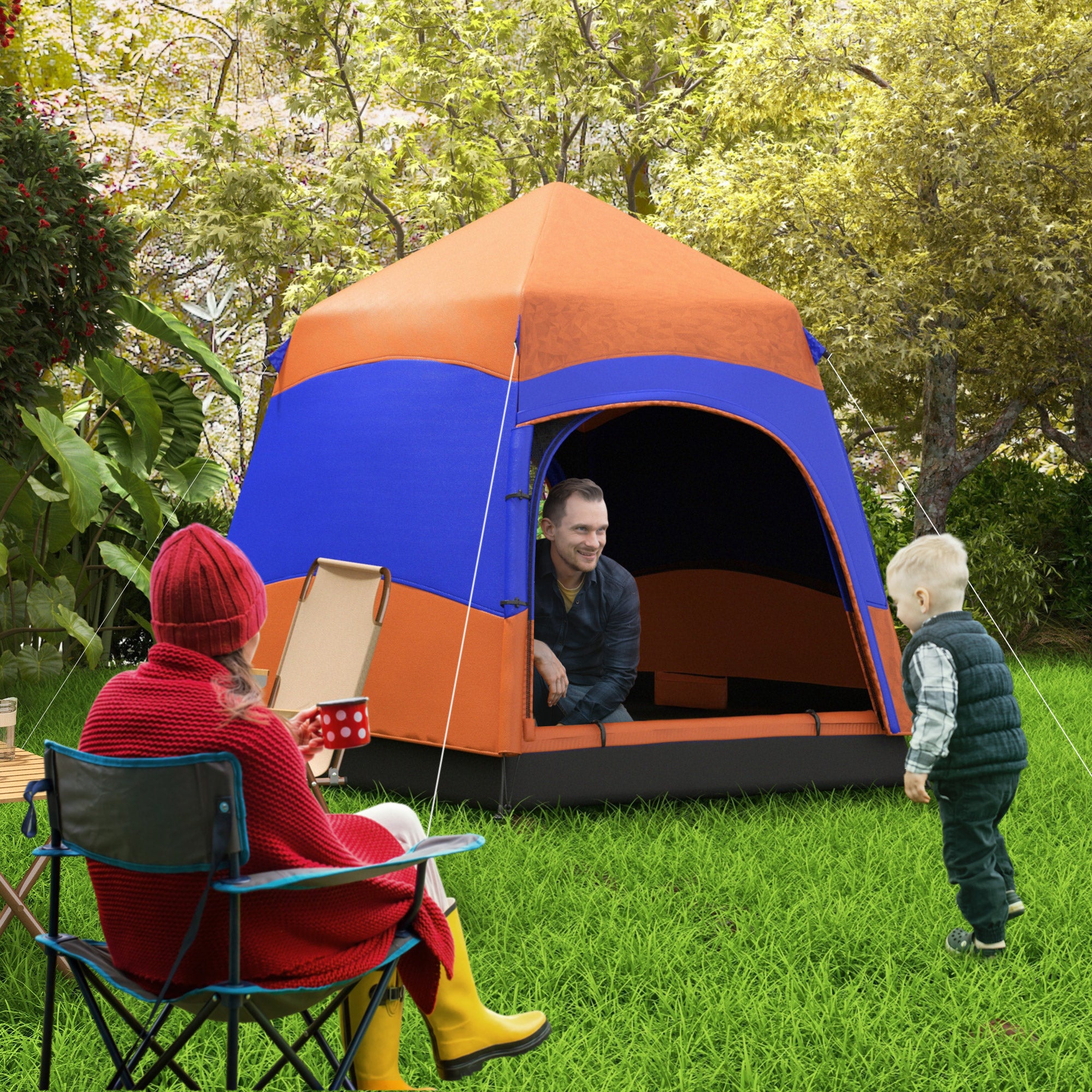 Outsunny Double Layer Dome Tent with Rainfly and Welded Floor, 4 Man Hexagon Pop Up Tent, Portable Camping Shelter with Hang Hook and Carry Bag, for Festival Hiking Family, Orange and Blue - North Peak Garden Furniture
