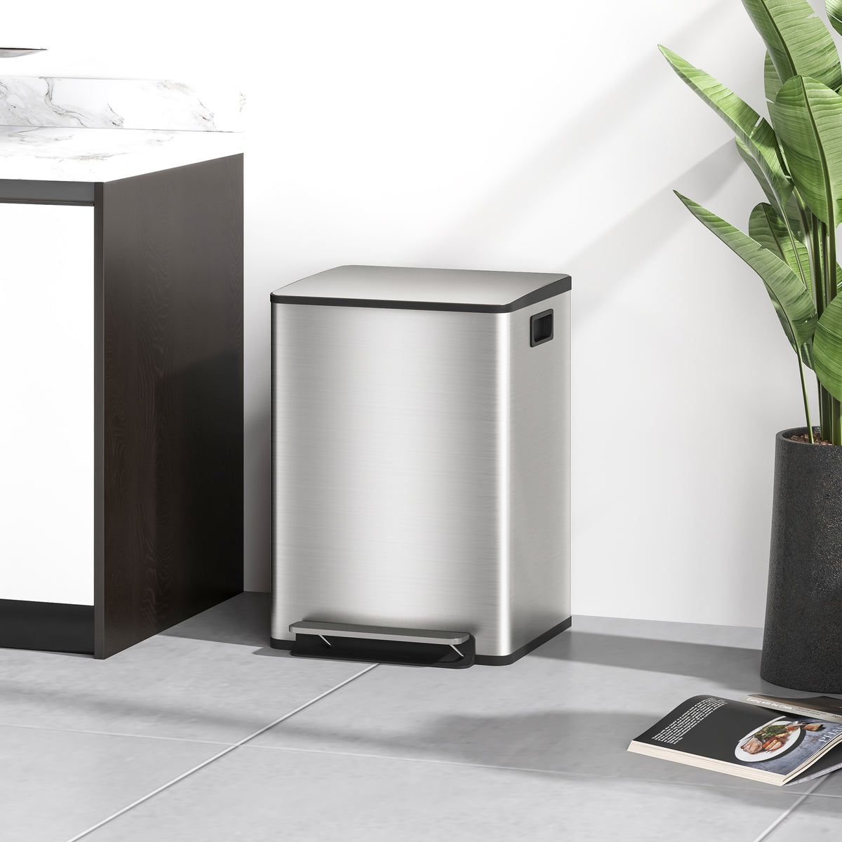 HOMCOM 40L Dual Compartment Stainless Steel Bin, with Deodoriser Holders - Silver Tone