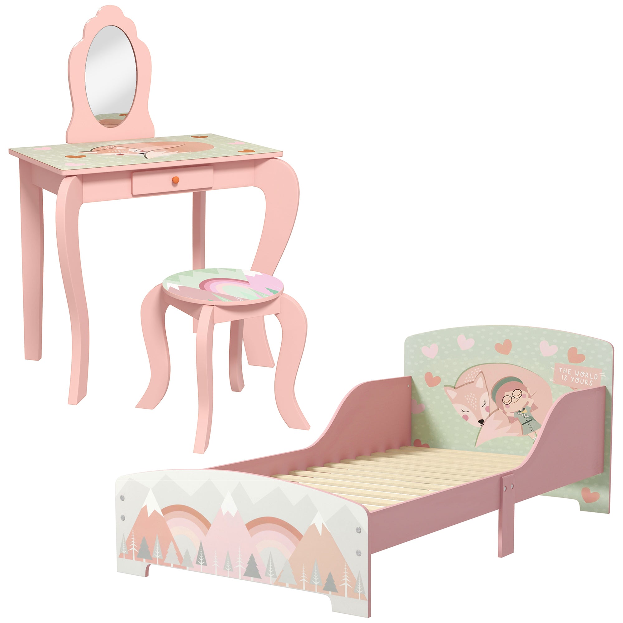 ZONEKIZ Toddler Bed Frame, Kids Dressing Table with Mirror and Stool, Cute Animal Design Kids Bedroom Furniture Set for Ages 3-6 Years, Pink - North Peak Garden Furniture