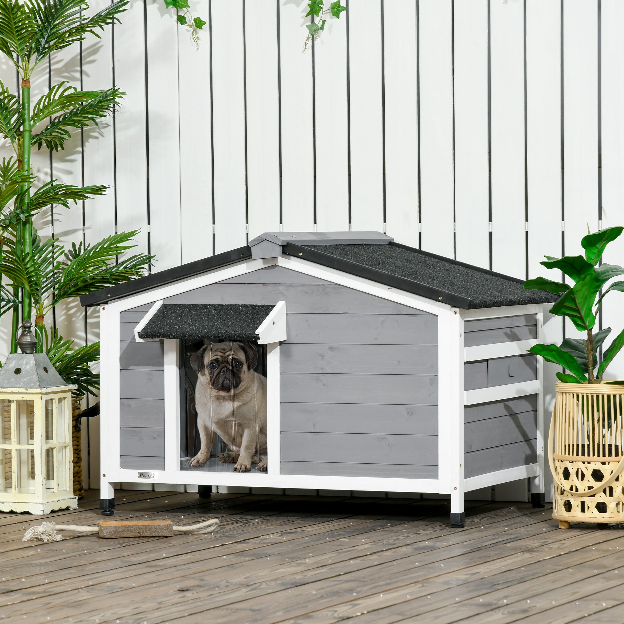 PawHut Wooden Dog Kennel for Outside, for Medium Dogs, 65H x 97L x 72Wcm, Grey - North Peak Garden Furniture