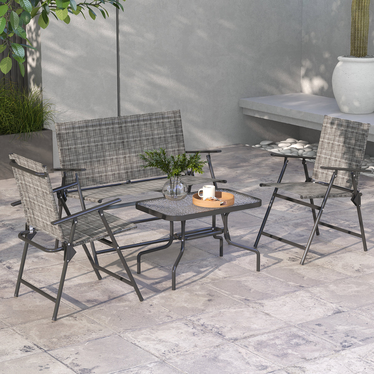 Outsunny Outdoor 4 Pieces Patio Furniture Set with Breathable Mesh Fabric Seat & Backrest, Garden Set with Two Foldable Armchairs, a Loveseat & Glass Top Table, Mixed Grey