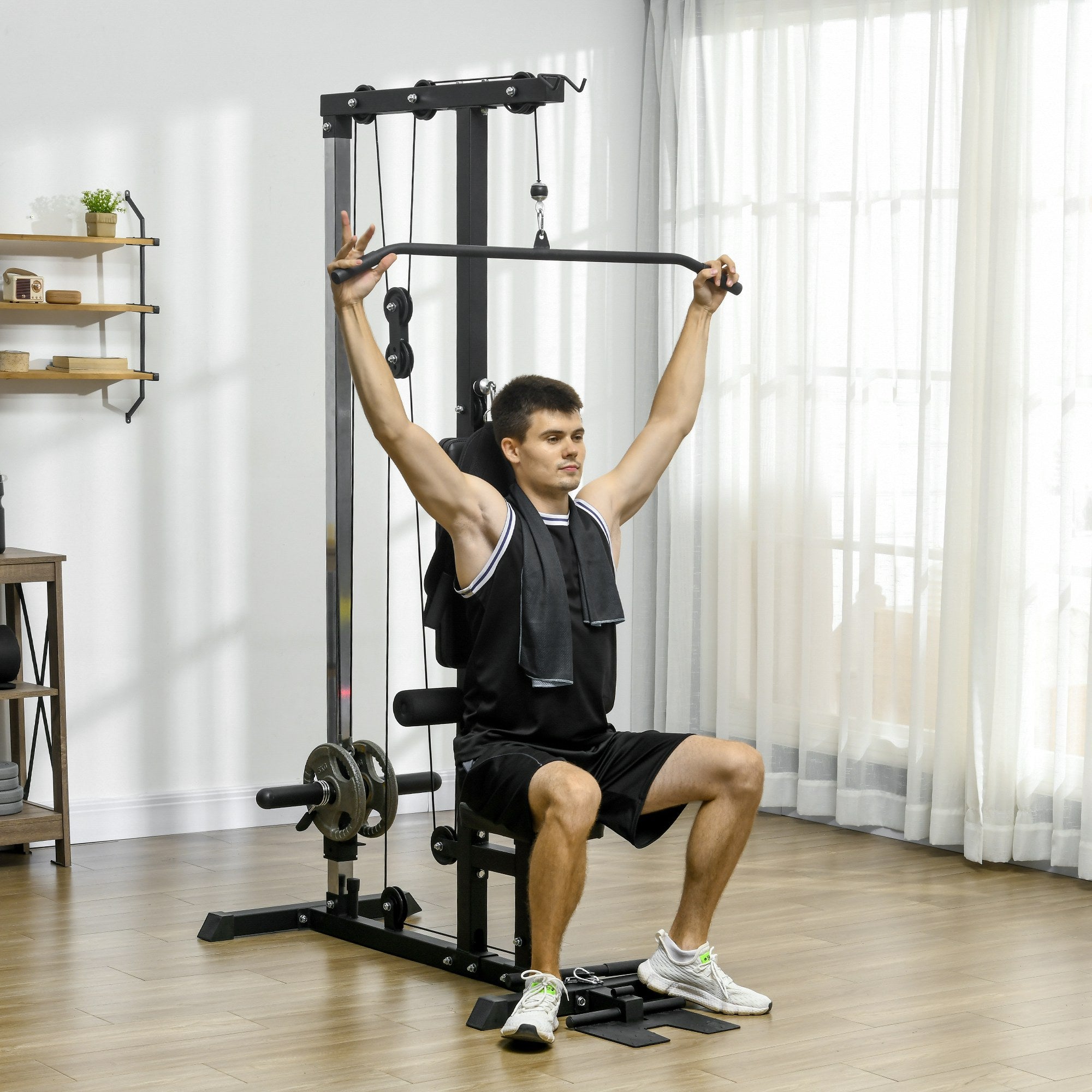 SPORTNOW Pull Up Station, Power Cage with Adjustable Seat, for Home Gym - Black - North Peak Garden Furniture