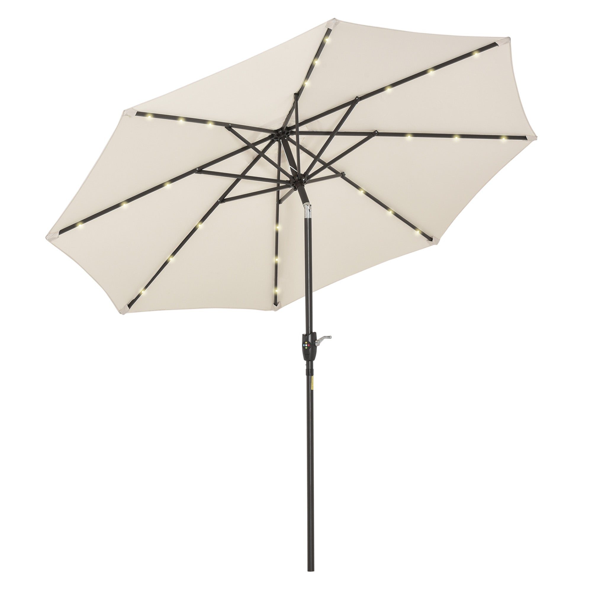 Outsunny Φ2.7m Garden 24 LED Light Parasol Solar Outdoor Tilt Sun Umbrella Patio Club Party Event Manual Sun Shade w/ Hand Crank and 8 Ribs, Off-white - North Peak Garden Furniture
