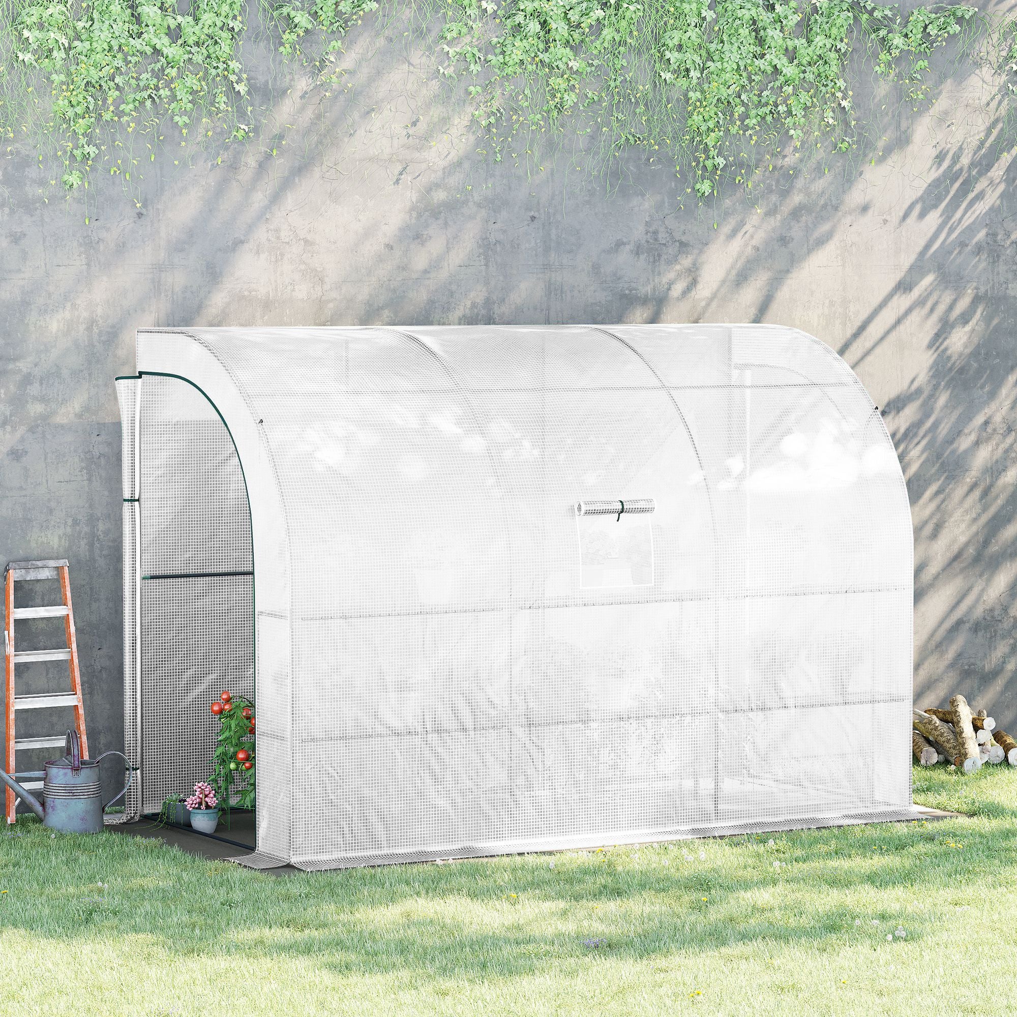 Outsunny Outdoor Walk-In Greenhouse, Plant Nursery with Zippered Doors, PE Cover and 3-Tier Shelves, White, 300 x 150 x 213 cm - North Peak Garden Furniture