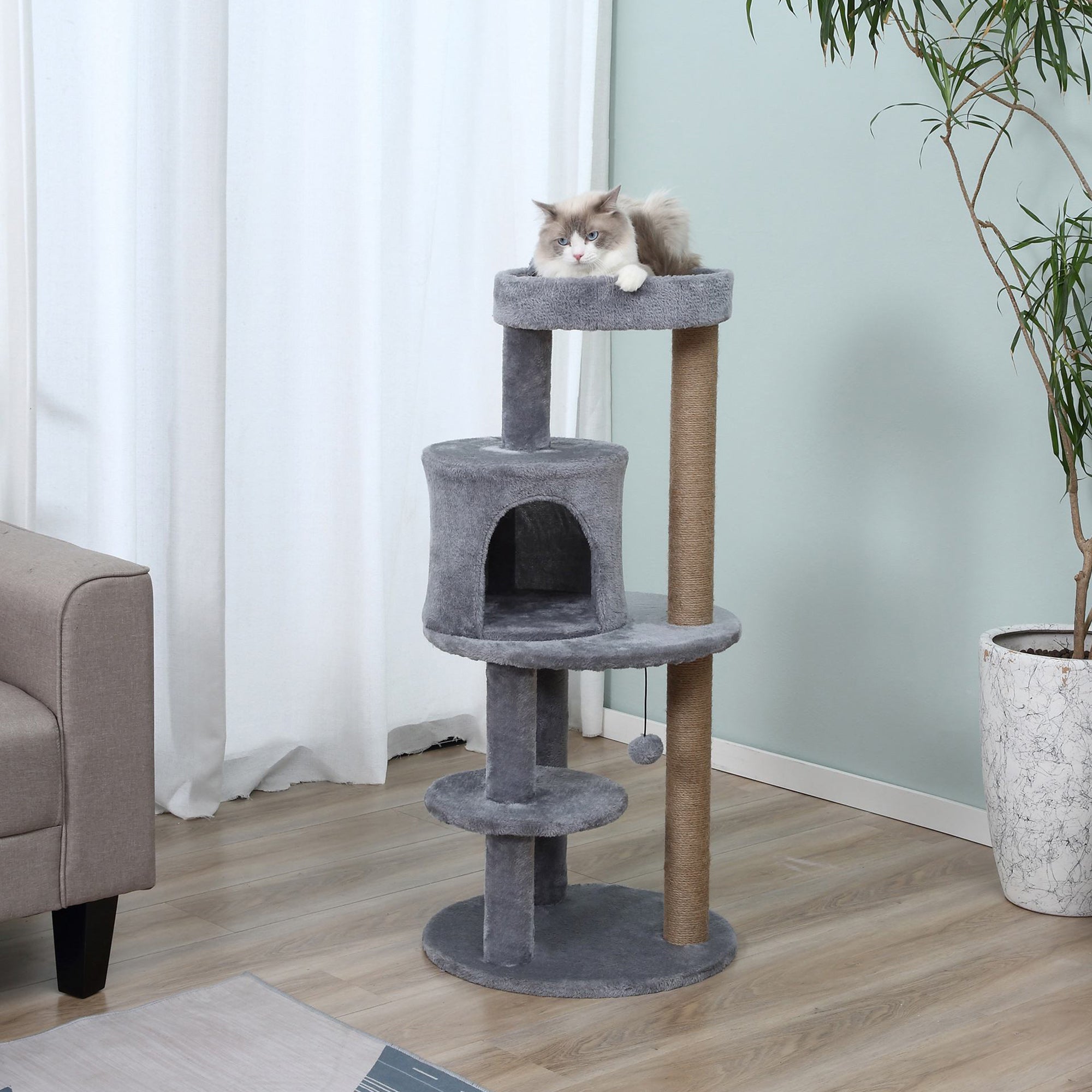 PawHut 104 cm Cat Tree, Cat Condo Tree Tower, Cat Activity Centre with Scratching Posts, Plush Perch, Hanging Ball - Grey - North Peak Garden Furniture