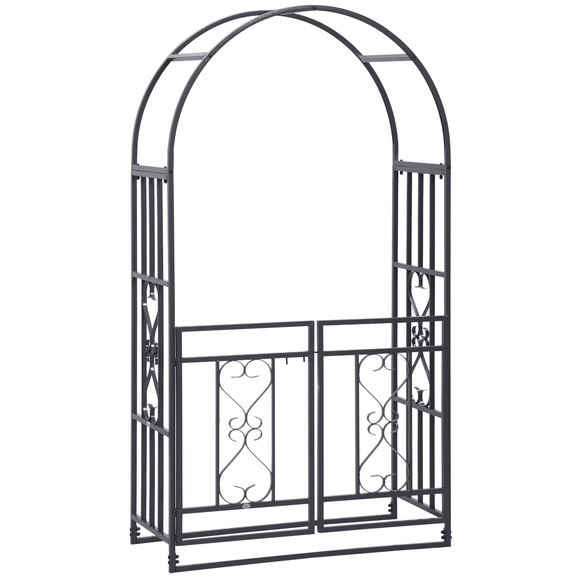 Outsunny Outdoor Garden Arch with Double Gates, Metal Garden Arbor for Climbing Plants, Roses, Vines, Wedding Arch for Outdoor, 114L x 50W x 206H cm, Dark Grey