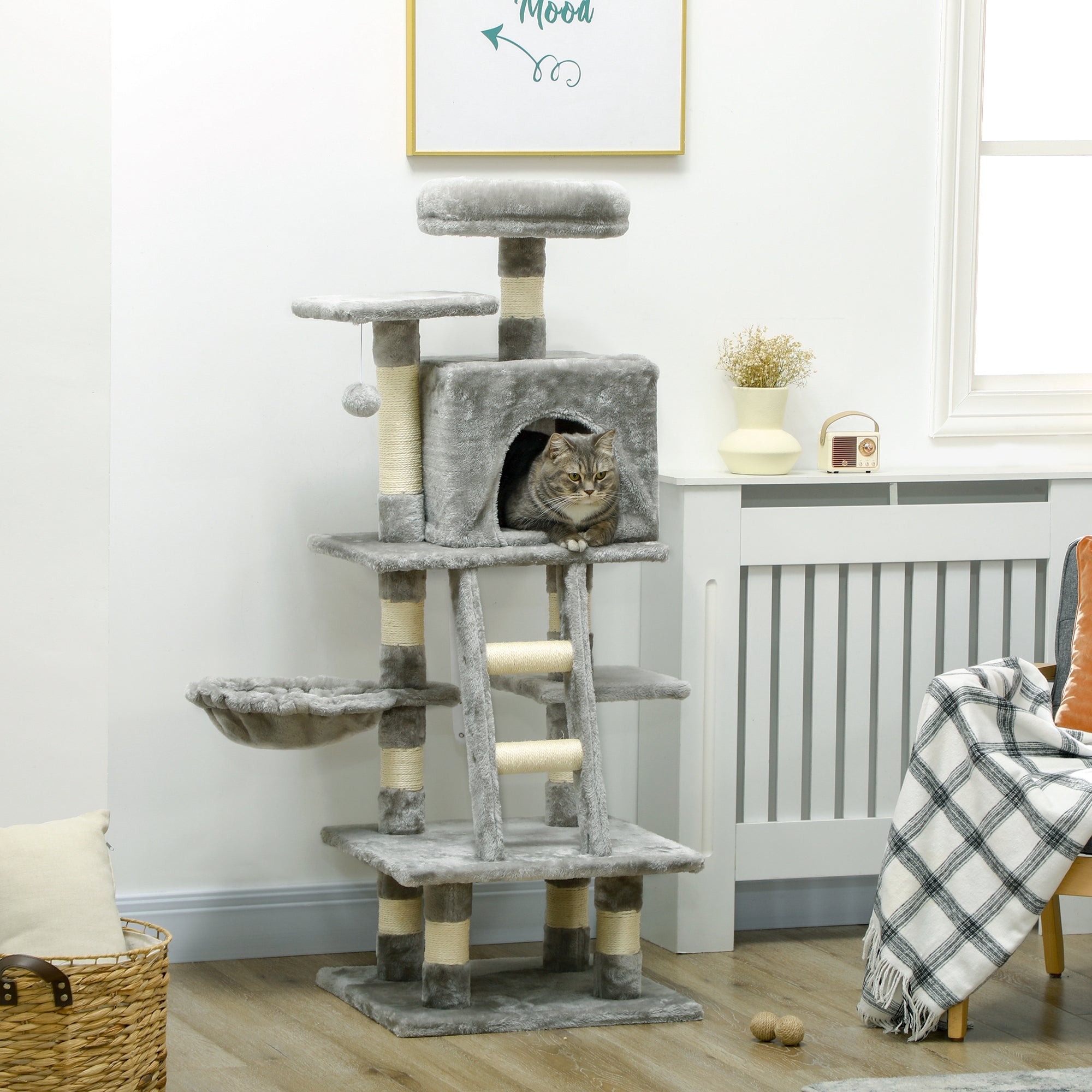 PawHut 132cm Cat Tree with Scratching Post, House, Hammock, Toy Balls - Grey - North Peak Garden Furniture