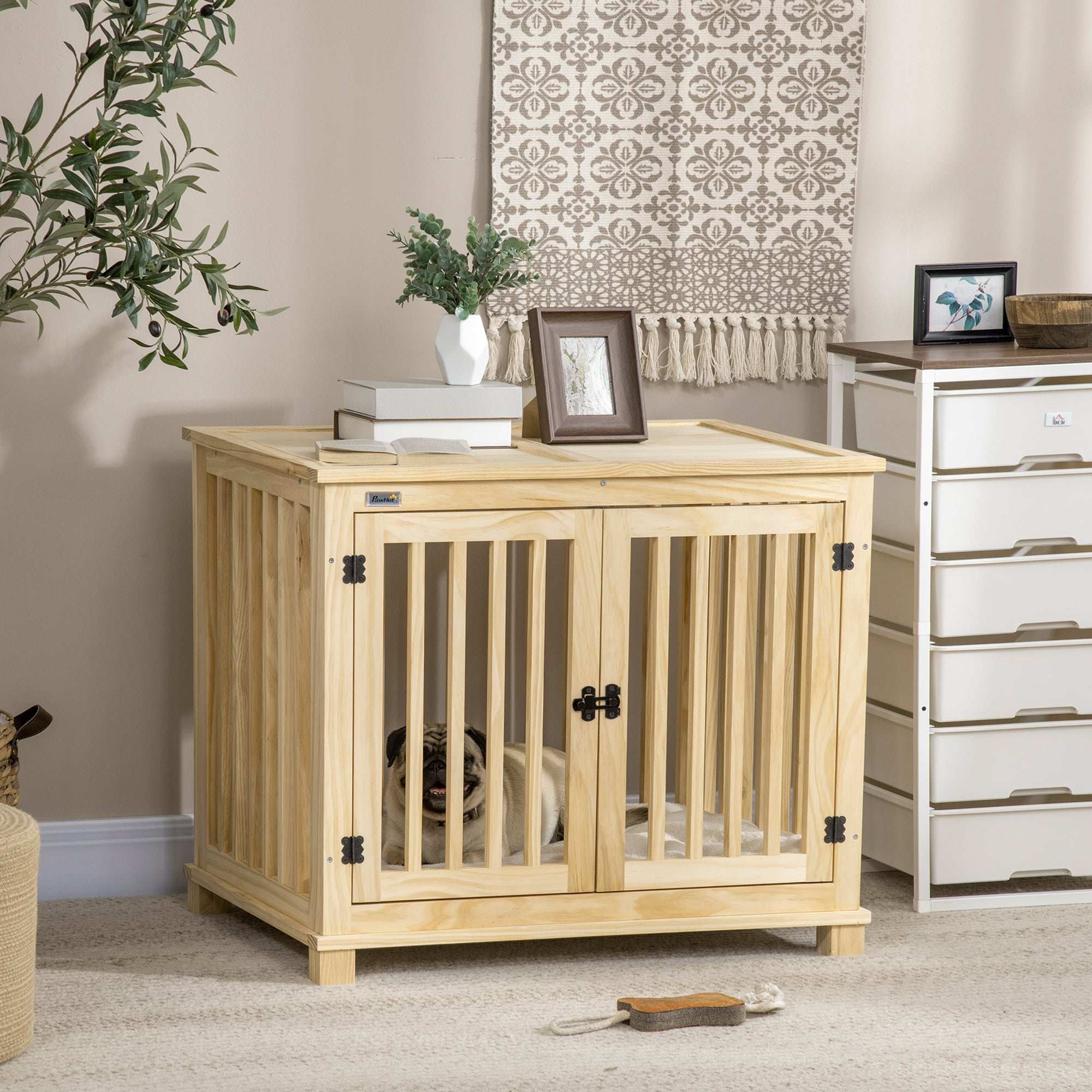 PawHut Wooden Dog Crate, with Double Doors, Cushion, for Medium Dogs - Natural Finish - North Peak Garden Furniture