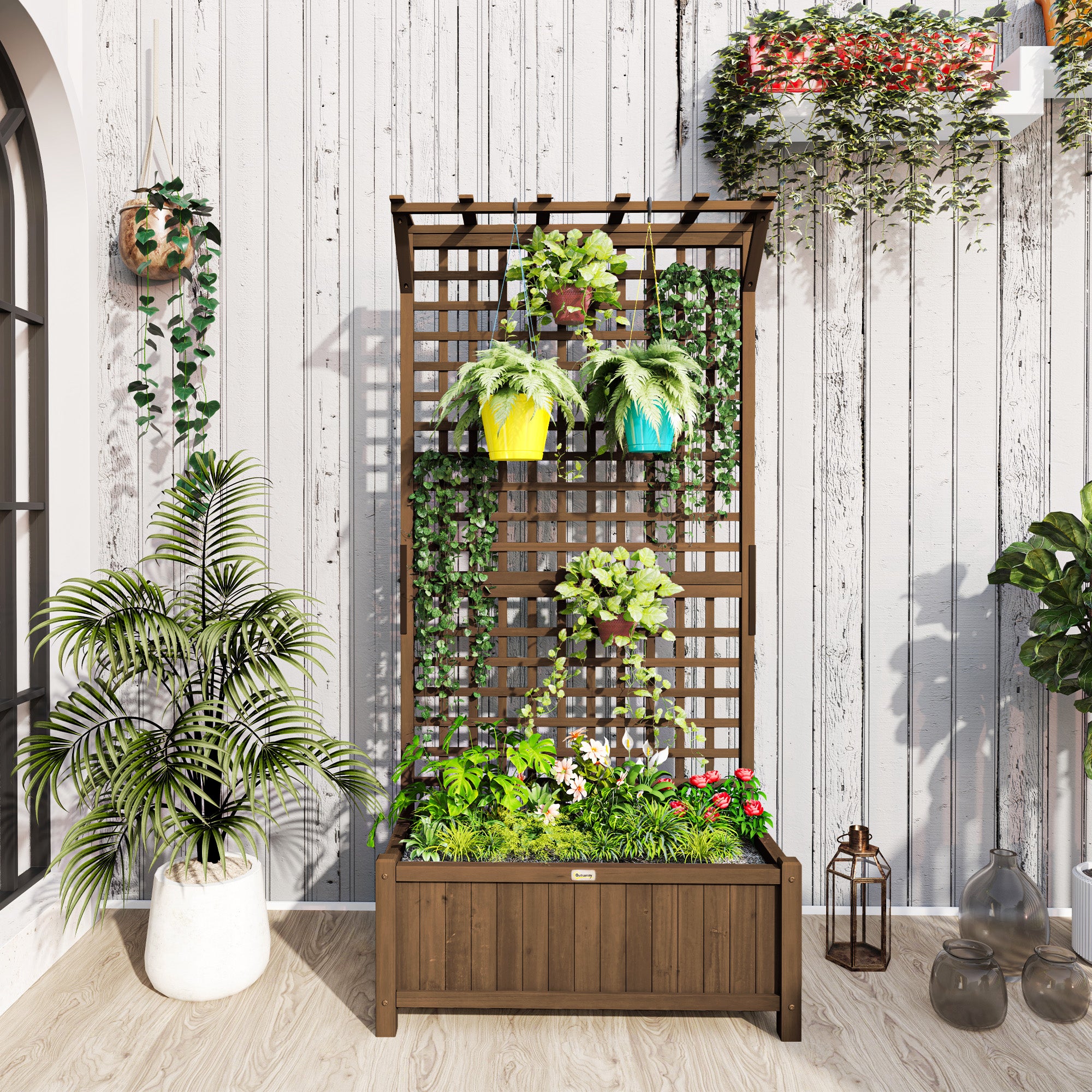 Outsunny Raised Bed with Drainage Holes, Wood Planter with Trellis for Climbing Plants to Grow Vegetables, Flowers, Brown