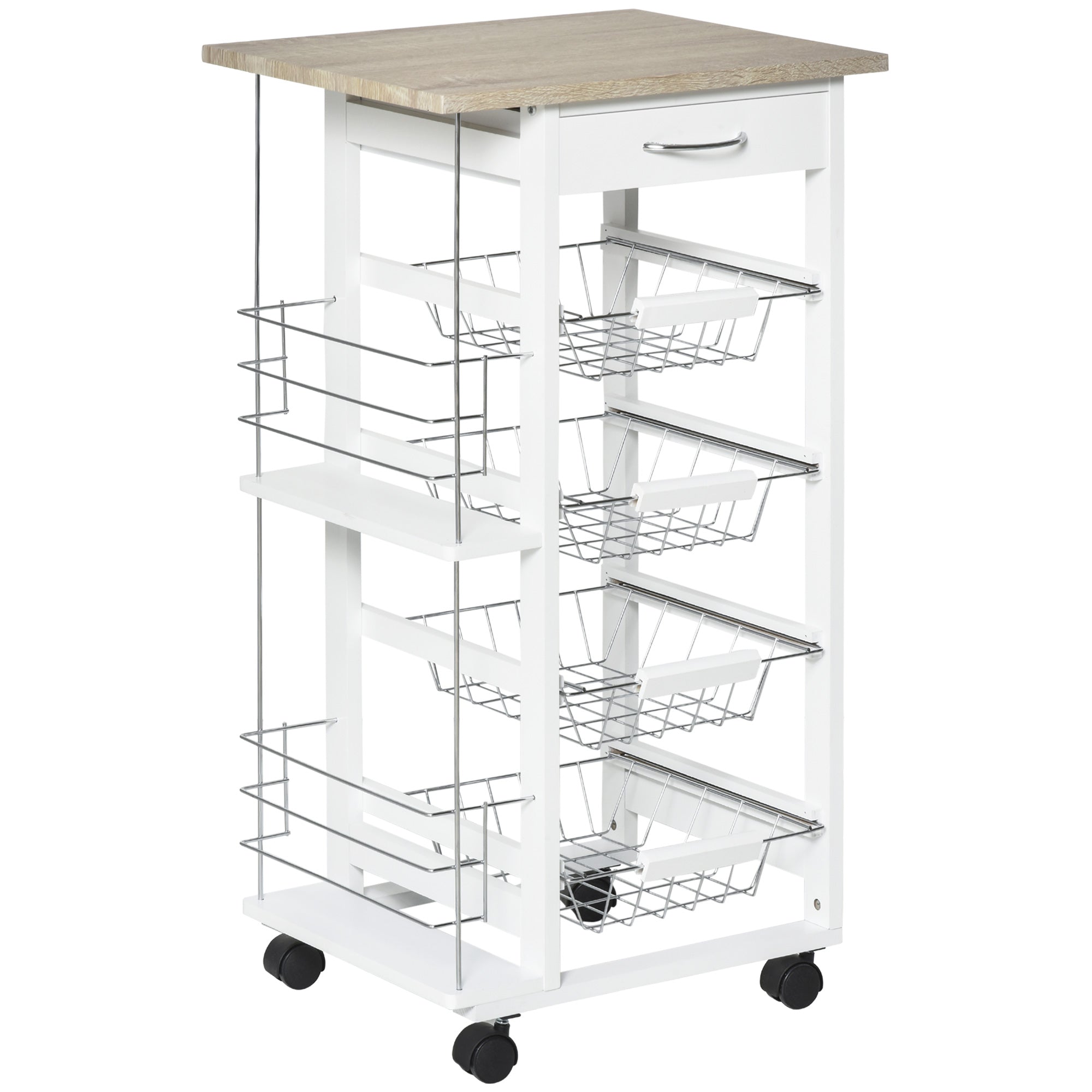 HOMCOM Rolling Kitchen Cart, Utility Storage Cart with 4 Basket Drawers & Side Racks, Wheels for Dining Room, Natural and White - North Peak Garden Furniture