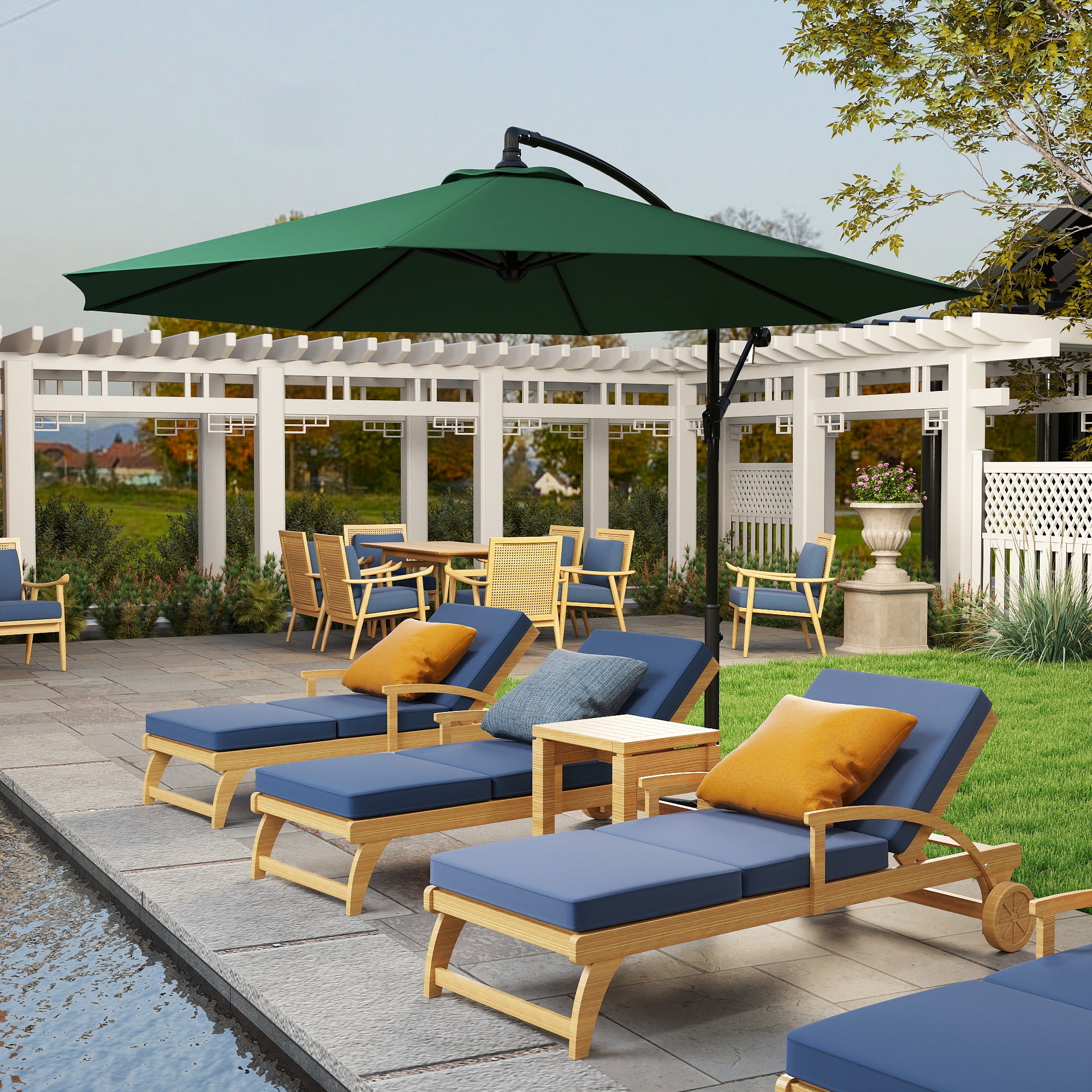 Outsunny 3(m) Banana Parasol Hanging Cantilever Umbrella with Crank Handle, 8 Ribs and Cross Base for Outdoor, Sun Shade, Dark Green - North Peak Garden Furniture