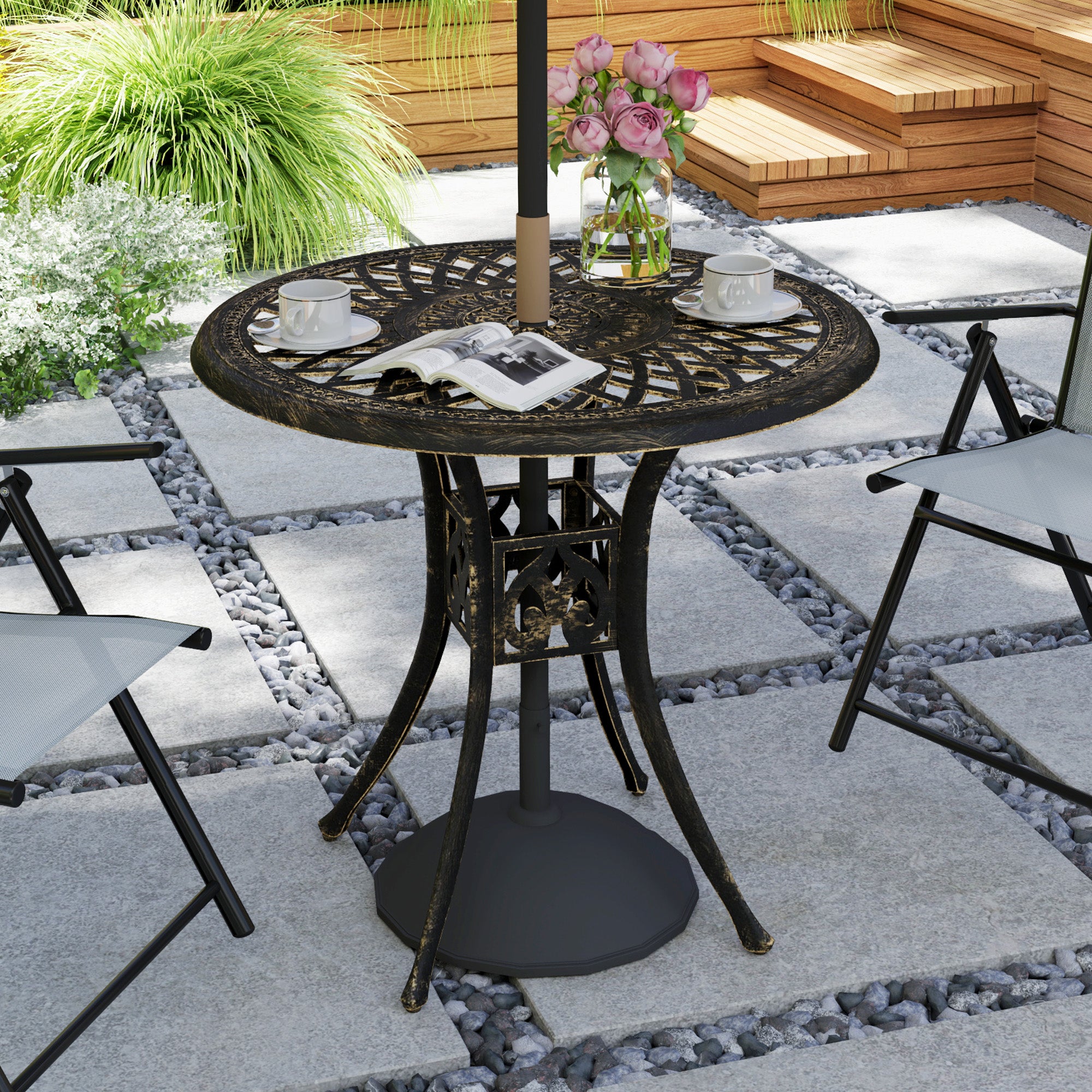 Outsunny 78 cm Round Garden Dining Table with Parasol Hole Antique Cast Aluminium Outdoor Table Only, Bronze Tone - North Peak Garden Furniture
