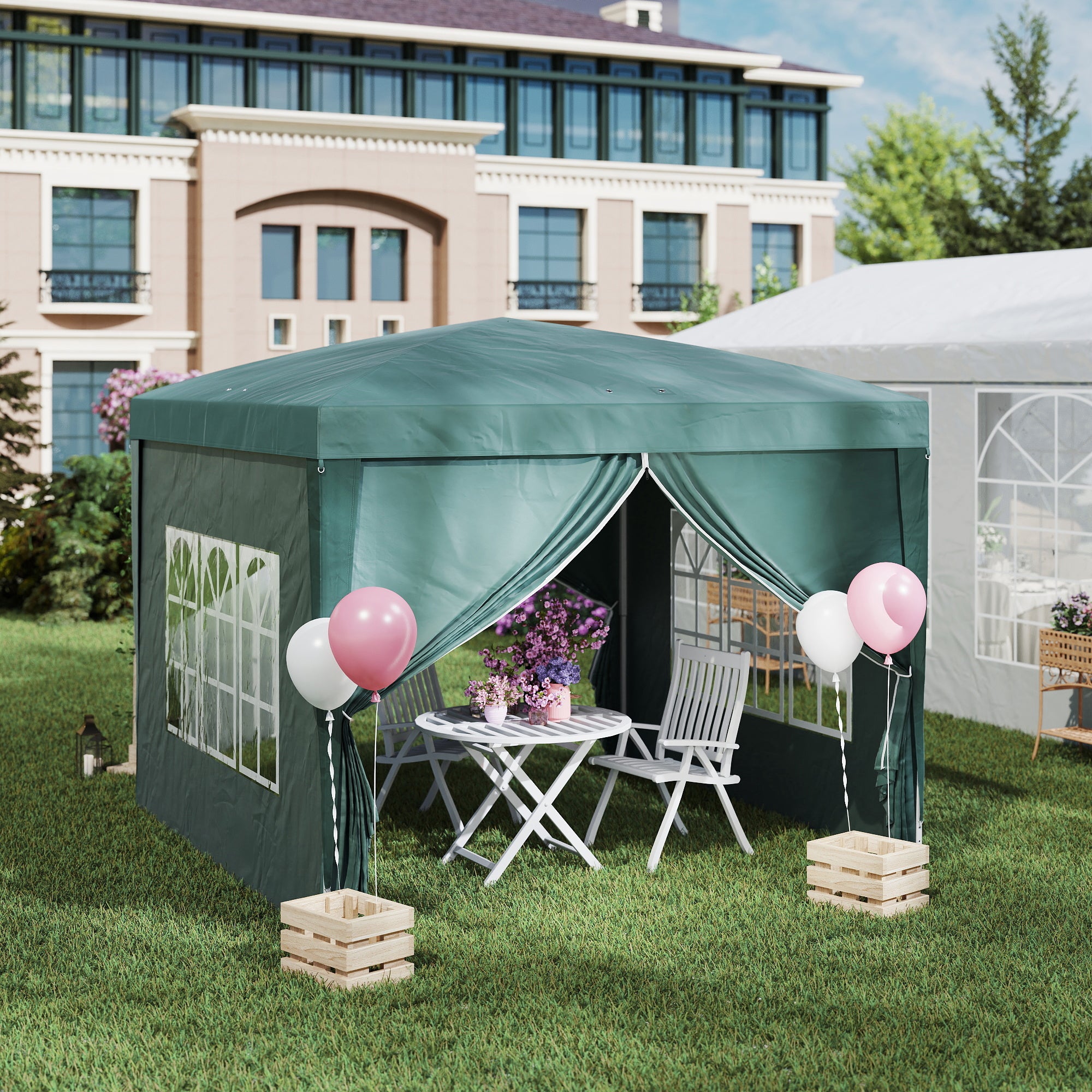 Outsunny 3 x 3m Pop Up Gazebo, Wedding Party Canopy Tent Marquee with Carry Bag and Windows, Green - North Peak Garden Furniture