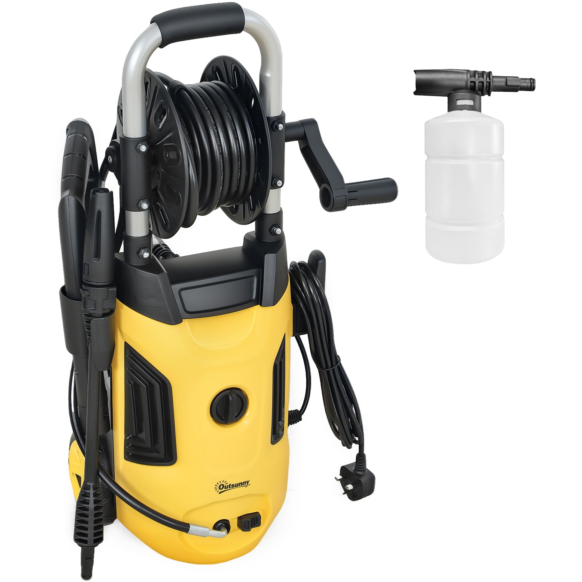 Outsunny 1800W High Pressure Washer, 150 Bar Pressure, 420 L/h Flow, Portable Power Washer Jet Wash Cleaner with Adjustable Nozzle, 6M Hose, Hose Reel, Steel Handle for Home Patio Car Driveway, Yellow