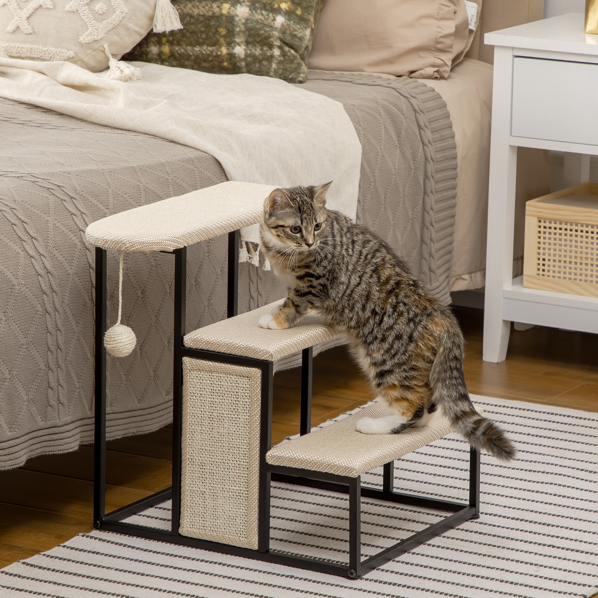 PawHut Three-Step Pet Stairs, with Sisal Scratching Board, Toy Hanging Ball, Steel Frame - North Peak Garden Furniture