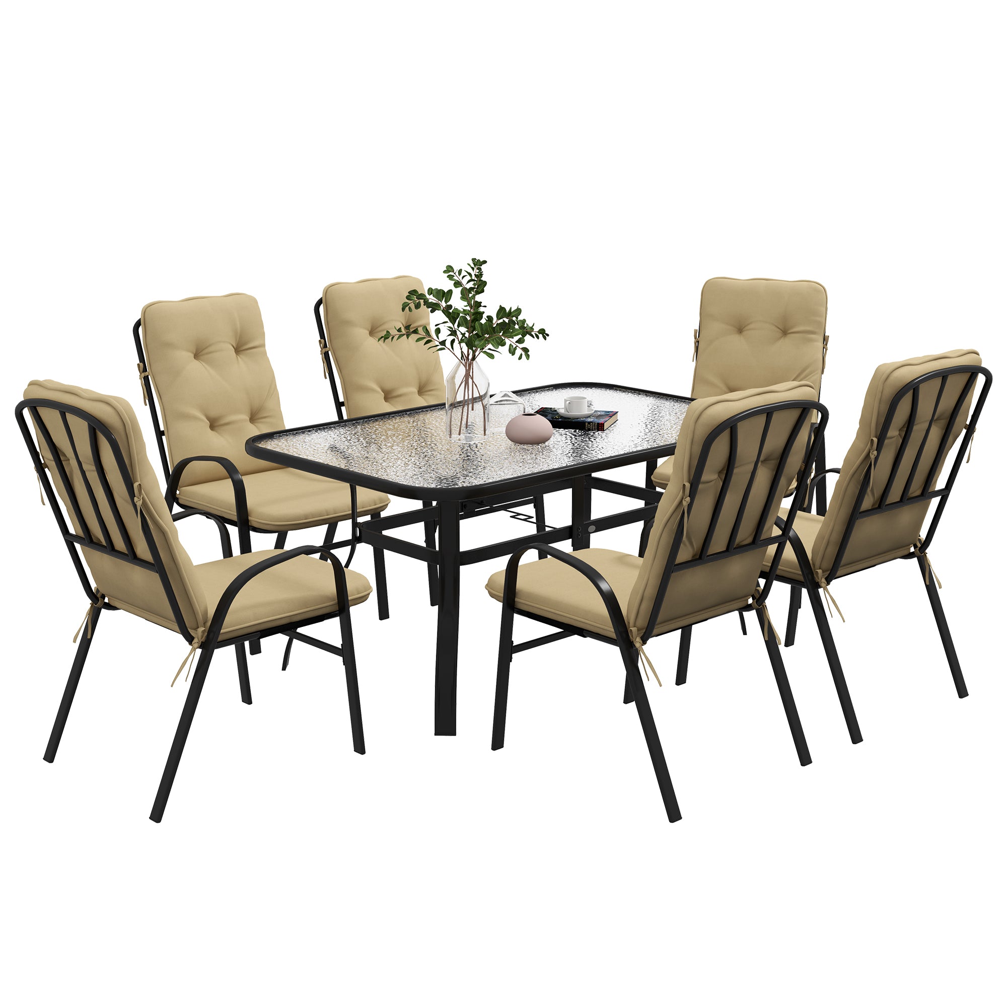 Outsunny 7 Piece Garden Dining Set, Outdoor Dining Table and 6 Cushioned Armchairs, Tempered Glass Top Table w/ Umbrella Hole, Texteline Seats, Beige - North Peak Garden Furniture