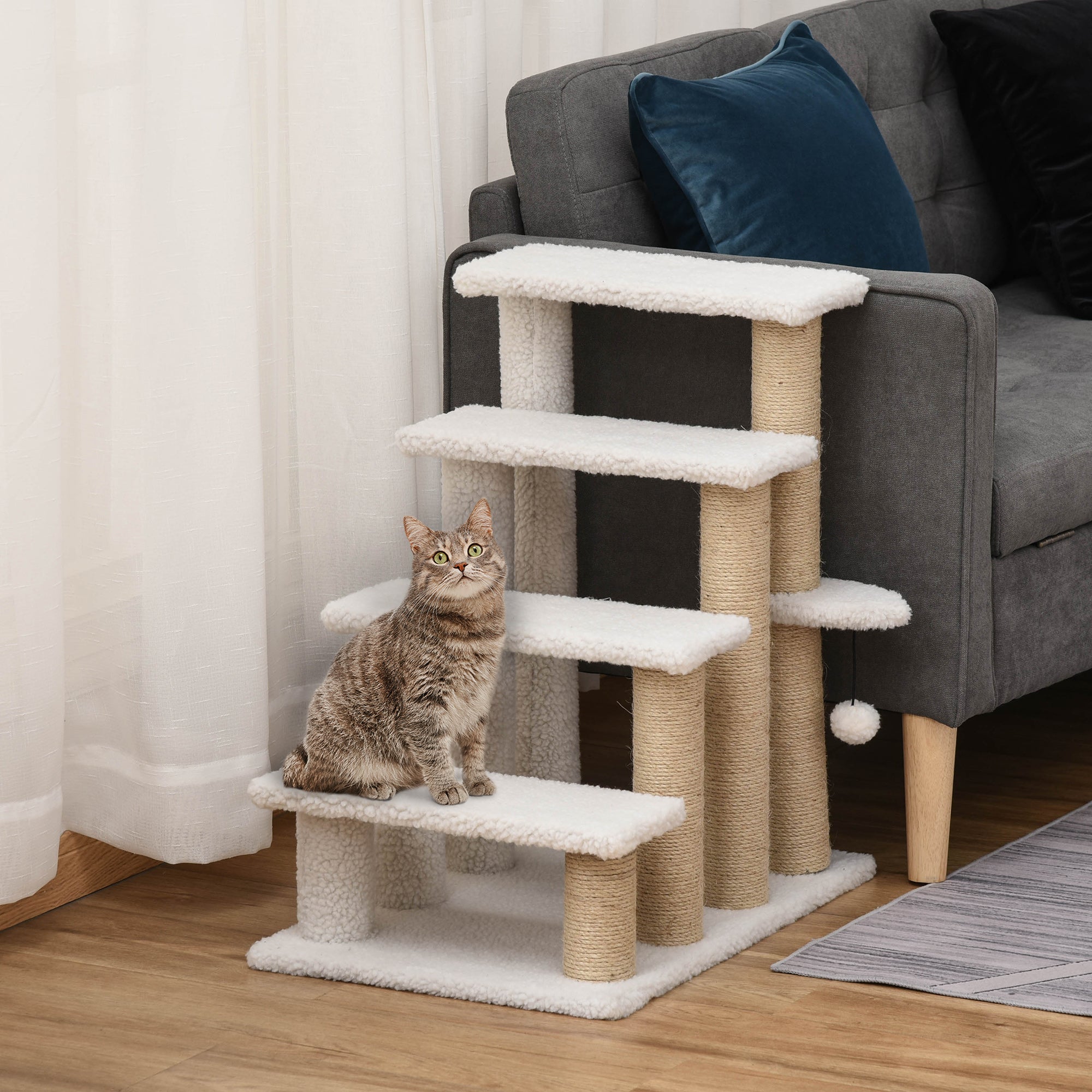 PawHut Pet Stair with 4-step Climb Ladder, Scratching Posts, Platforms, Toy Ball, for Indoor Elderly Cats Kittens, White - North Peak Garden Furniture