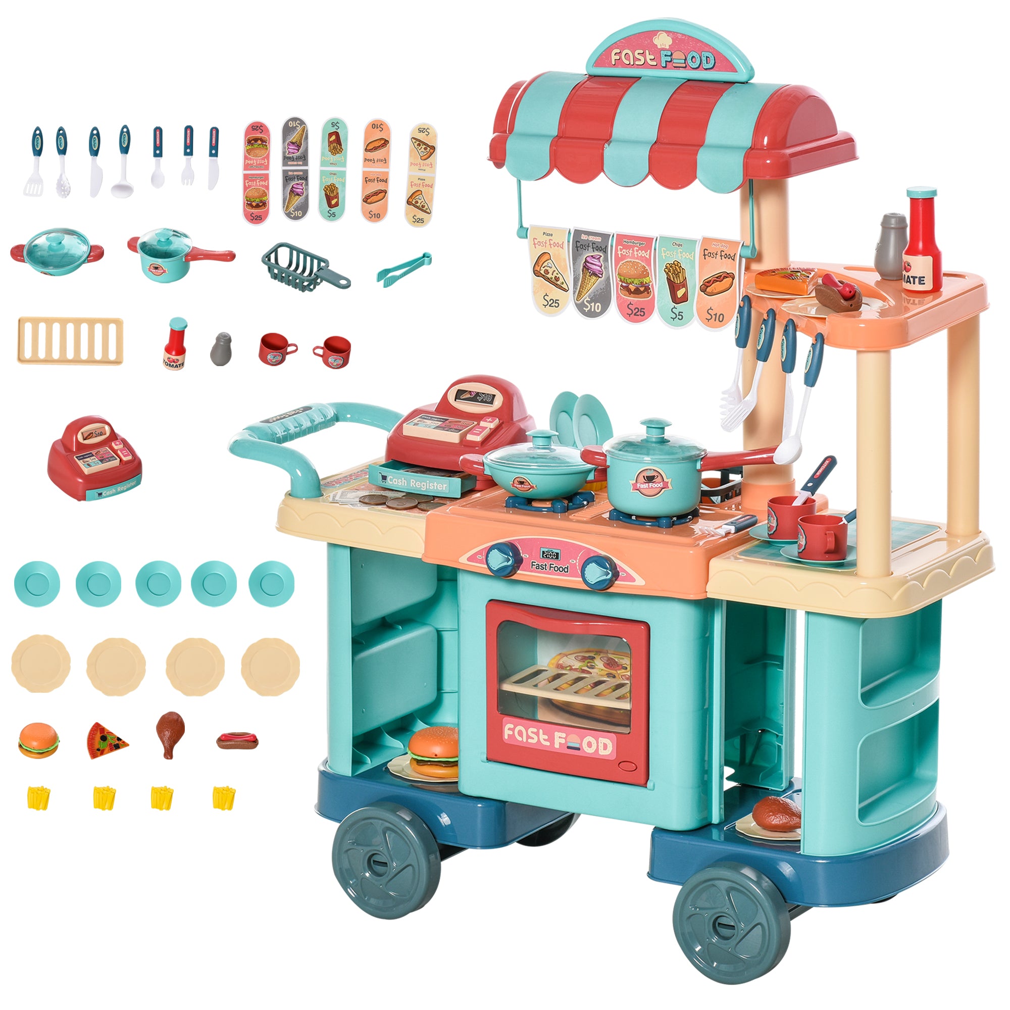 HOMCOM 50 Pcs Kids Kitchen Play set Fast Food Trolley Cart Pretend Playset Toys with Play Food Cashier Register Accessories Gift for Boys Girls Age 3-6 - North Peak Garden Furniture