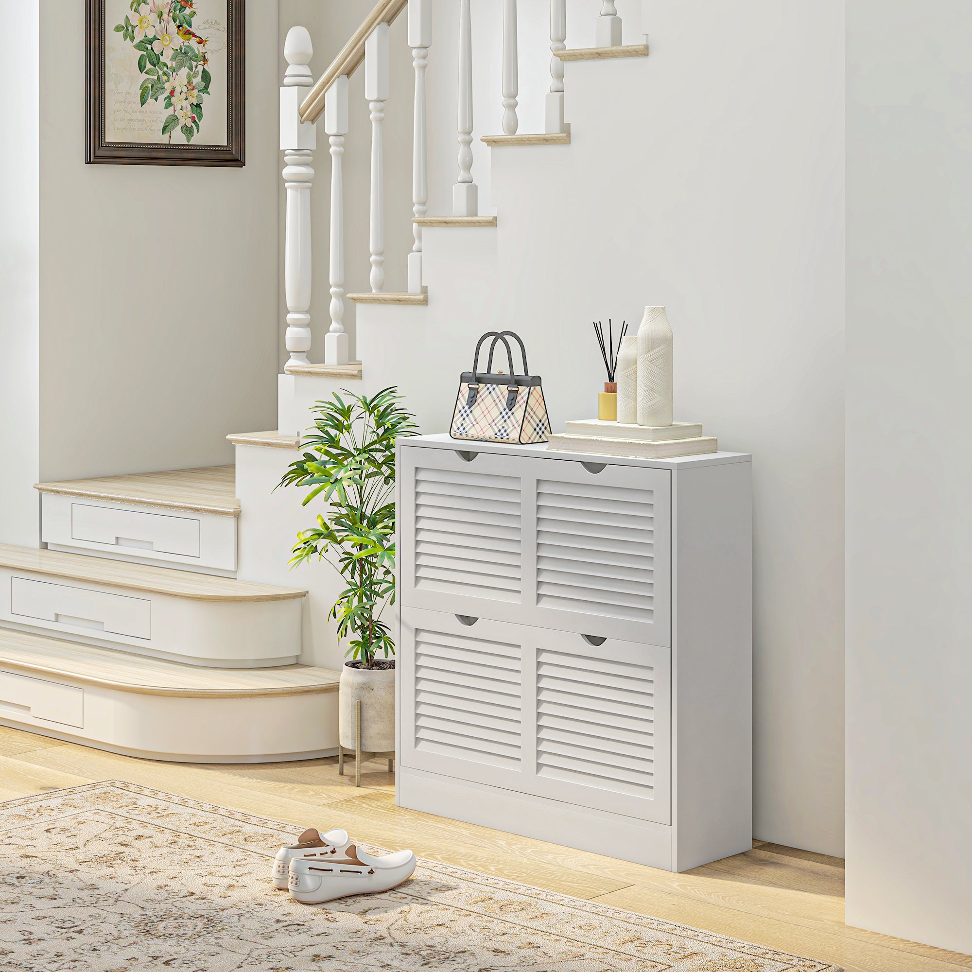 HOMCOM 2 Drawers Entryway Shoe Cabinet, Narrow Shoe Storage Cabinet with 2 Flip Drawers, Louvred Door Design and Adjustable Shelves for 16 Pairs of Shoes, White - North Peak Garden Furniture