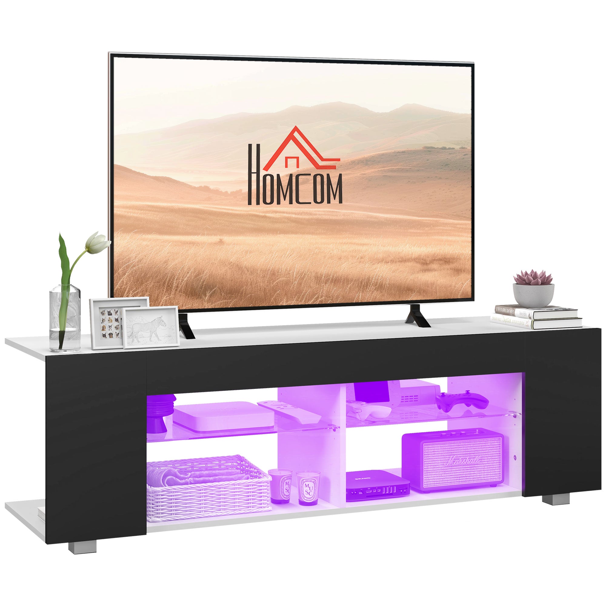 HOMCOM Multi-Shelf TV Cabinet, with Adjustable LED Lights - Black - North Peak Garden Furniture