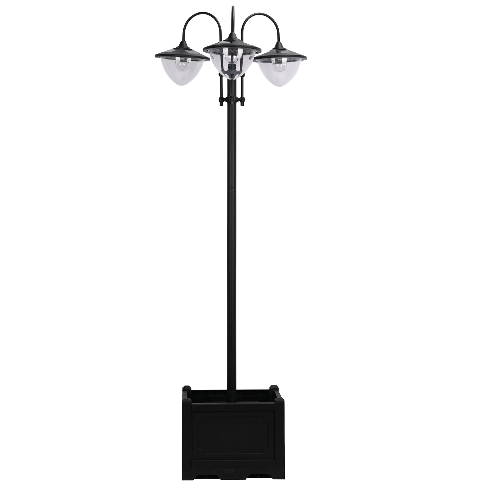 Outsunny 189cm 3-head Solar Lamp Post, Street Light with Planter, Automatic-on, 6 Hour Max Outdoor Ready LED Lighting, Black - North Peak Garden Furniture