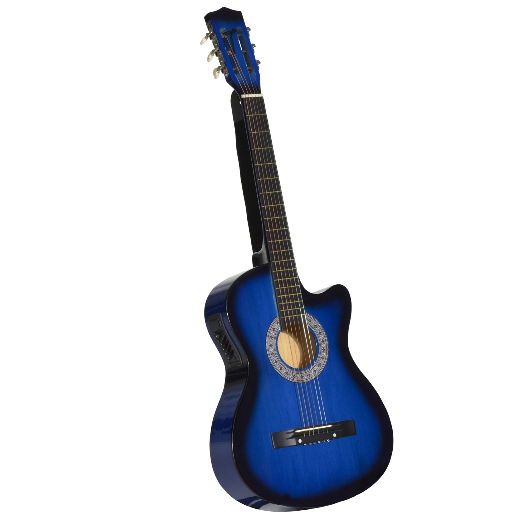 HOMCOM 38 Inch Full Size Blue Classical Acoustic Electric Guitar Kids Guitar and Junior Guitar Premium Gloss Finish w/Case - Blue - North Peak Garden Furniture