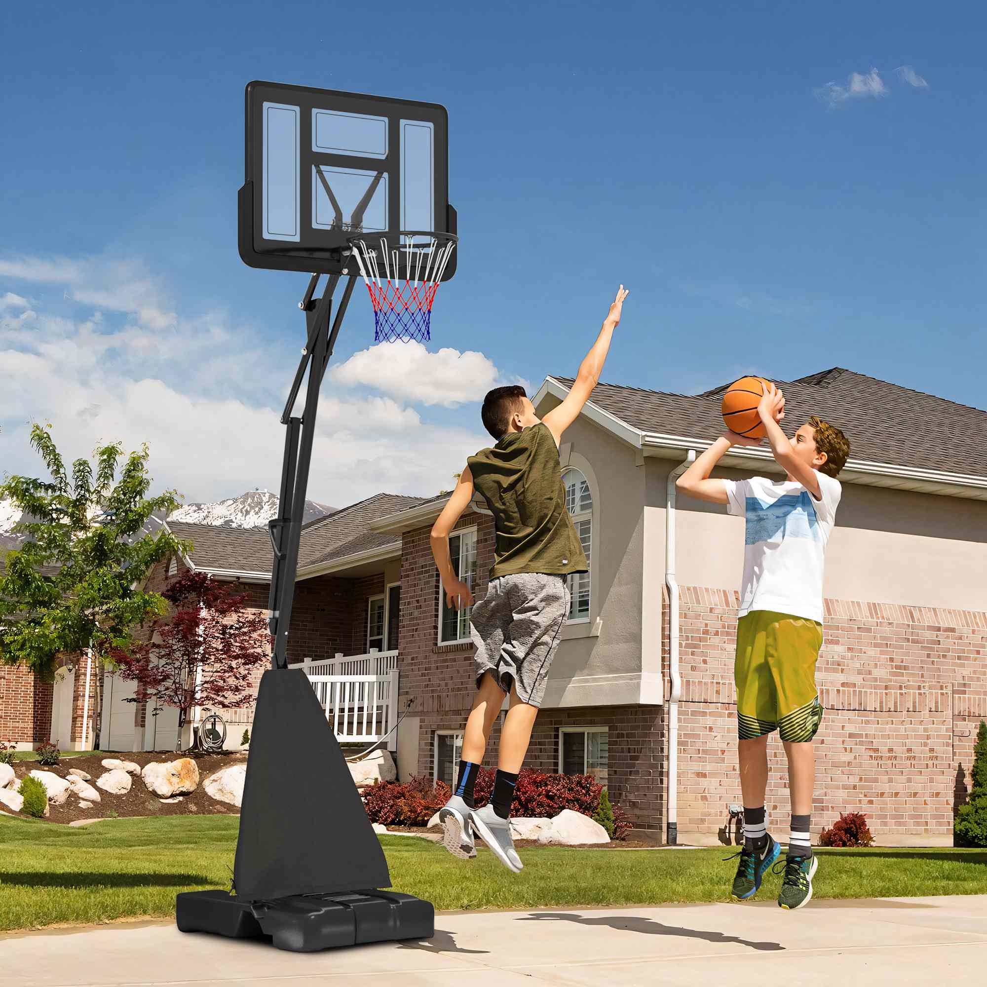 SPORTNOW Basketball Hoop Outdoor, Height Adjustable Basketball Hoop and Stand with Rebound System, Weighted Base, Portable on Wheels, 2.45-3.05m, for Teens, Juniors, Adults, Black - North Peak Garden Furniture