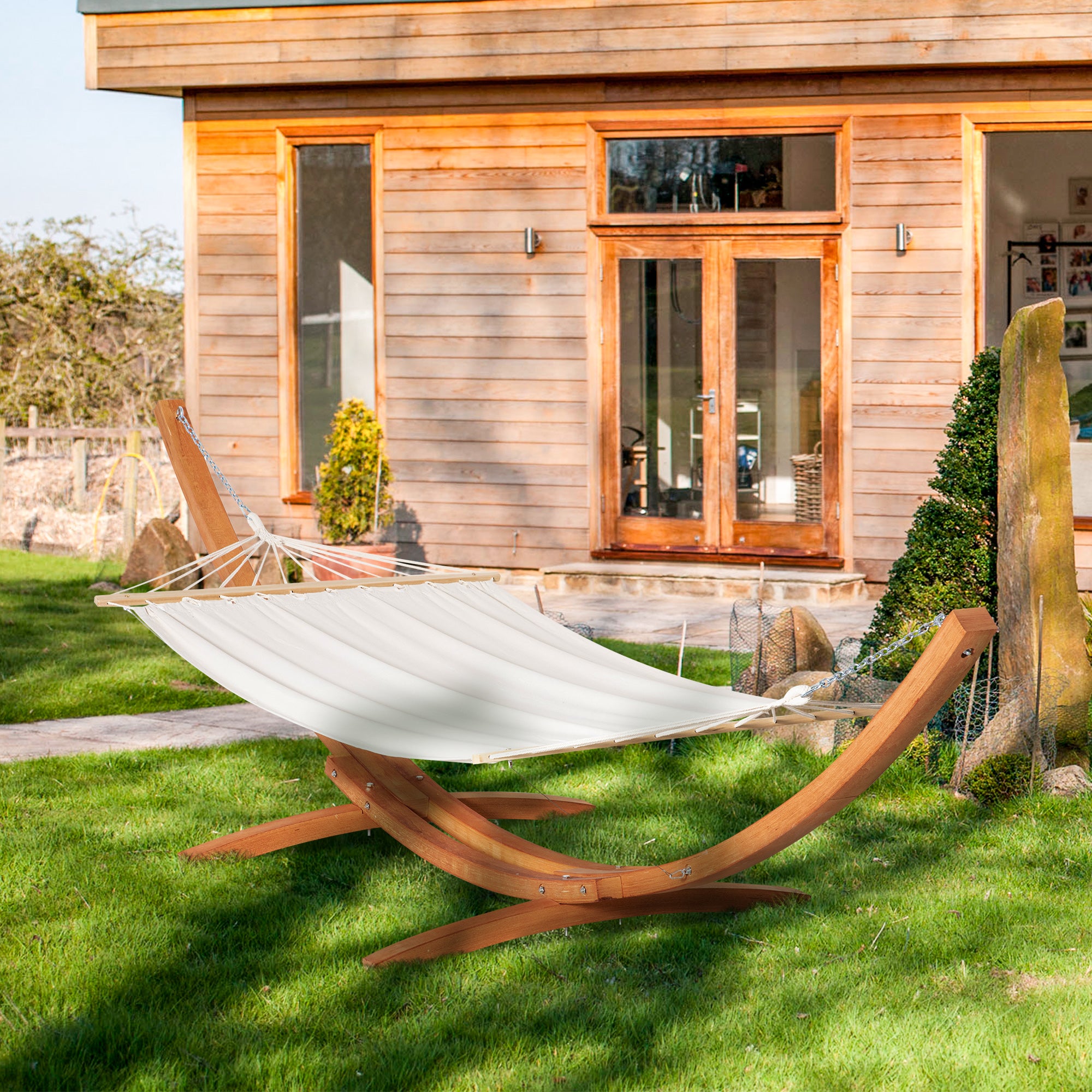 Outsunny Outdoor Garden Hammock with Wooden Stand Swing Hanging Bed for Patio White - North Peak Garden Furniture