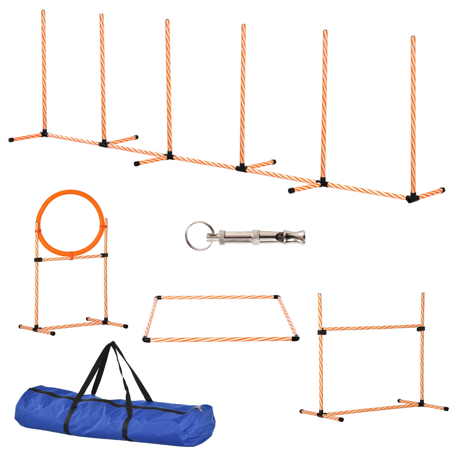 PawHut Dog Agility Equipment Pet Training Set with Adjustable Height Jump Ring Hurdle Whistle Weave Poles Square Pause Box Carry Bag - North Peak Garden Furniture