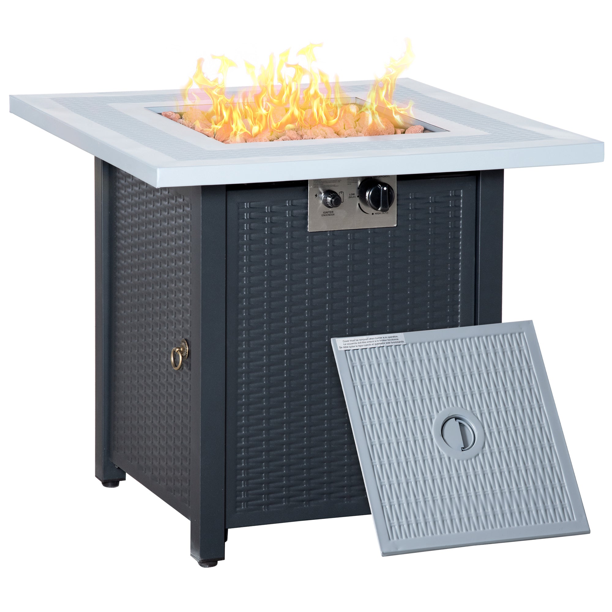 Outsunny Square Propane Gas Fire Pit Table, 40000 BTU Rattan Smokeless Firepit Patio Heater with Lava Rocks and Lid, 71cm x 71cm x 62cm, Black - North Peak Garden Furniture