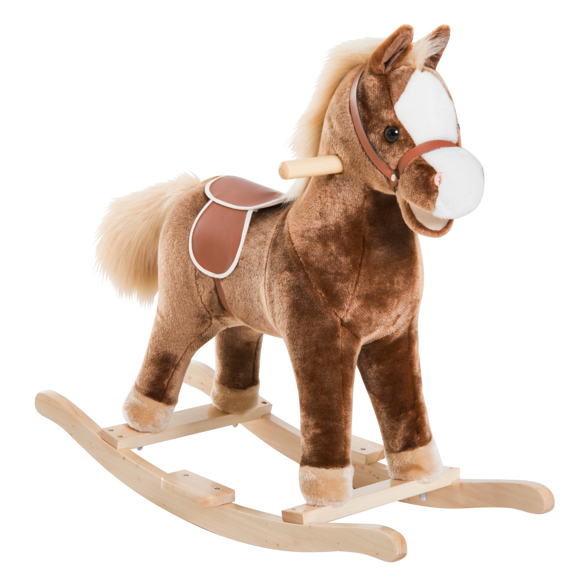 HOMCOM Kids Children Plush Rocking Horse Wooden Base Ride On Toy Rocker with Handle Grip Traditional Toy Fun Gift for Age 3+ (Brown) - North Peak Garden Furniture