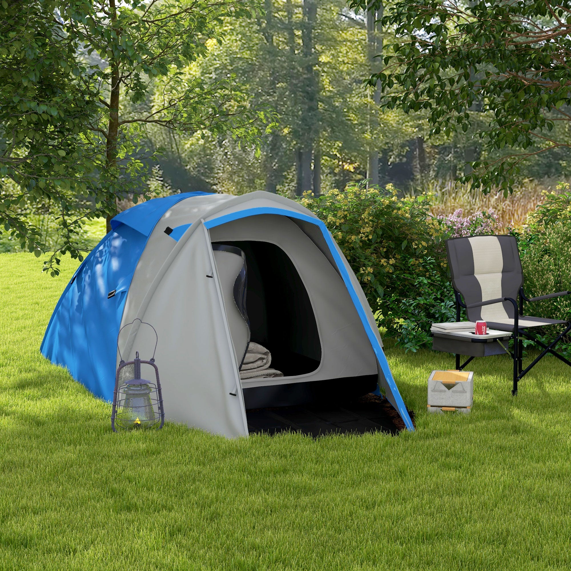 Outsunny Two-Man Dome Tent, with Front Porch and Accessories - Blue/Grey - North Peak Garden Furniture