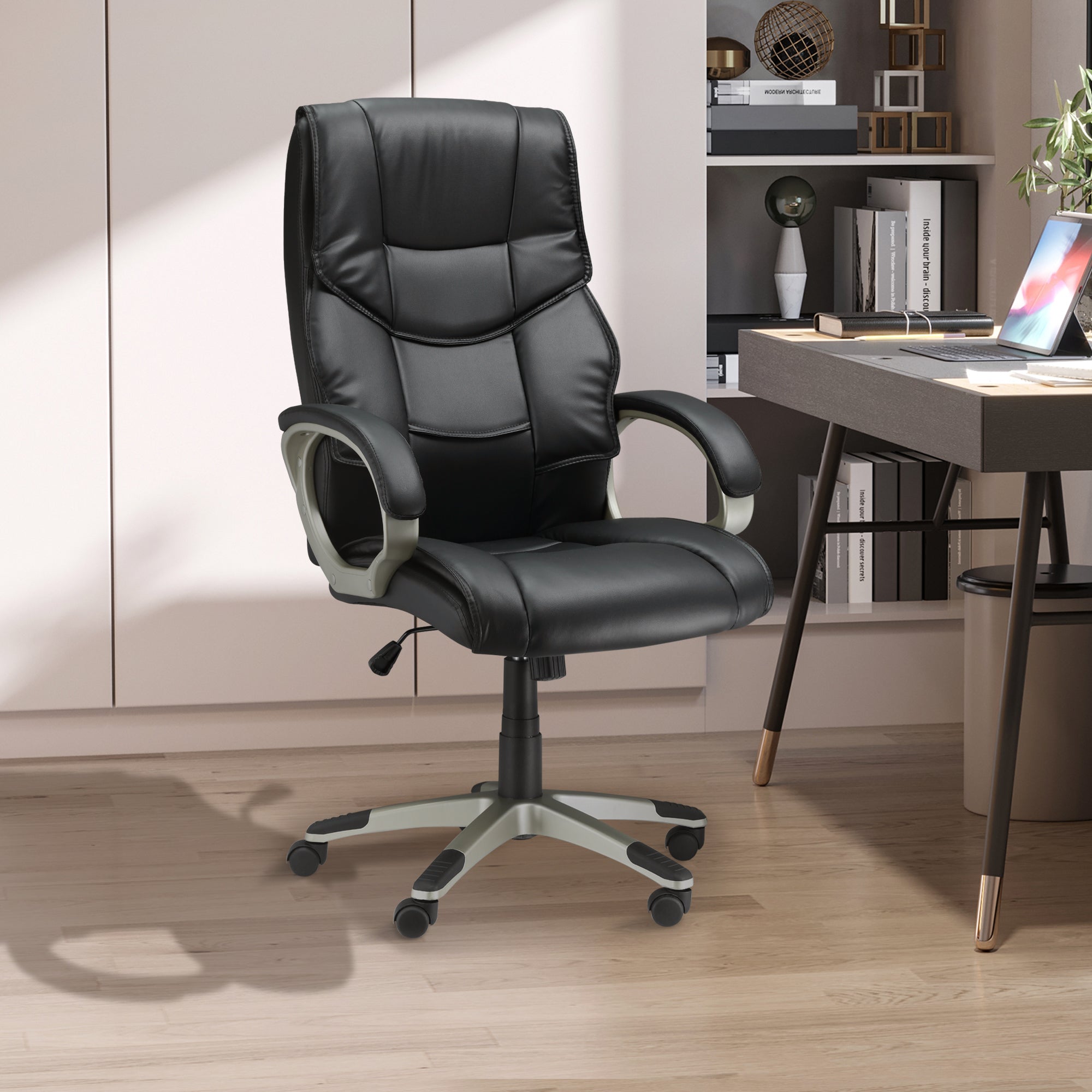 HOMCOM Home Office Chair High Back Computer Desk Chair with Faux Leather Adjustable Height Rocking Function Black - North Peak Garden Furniture
