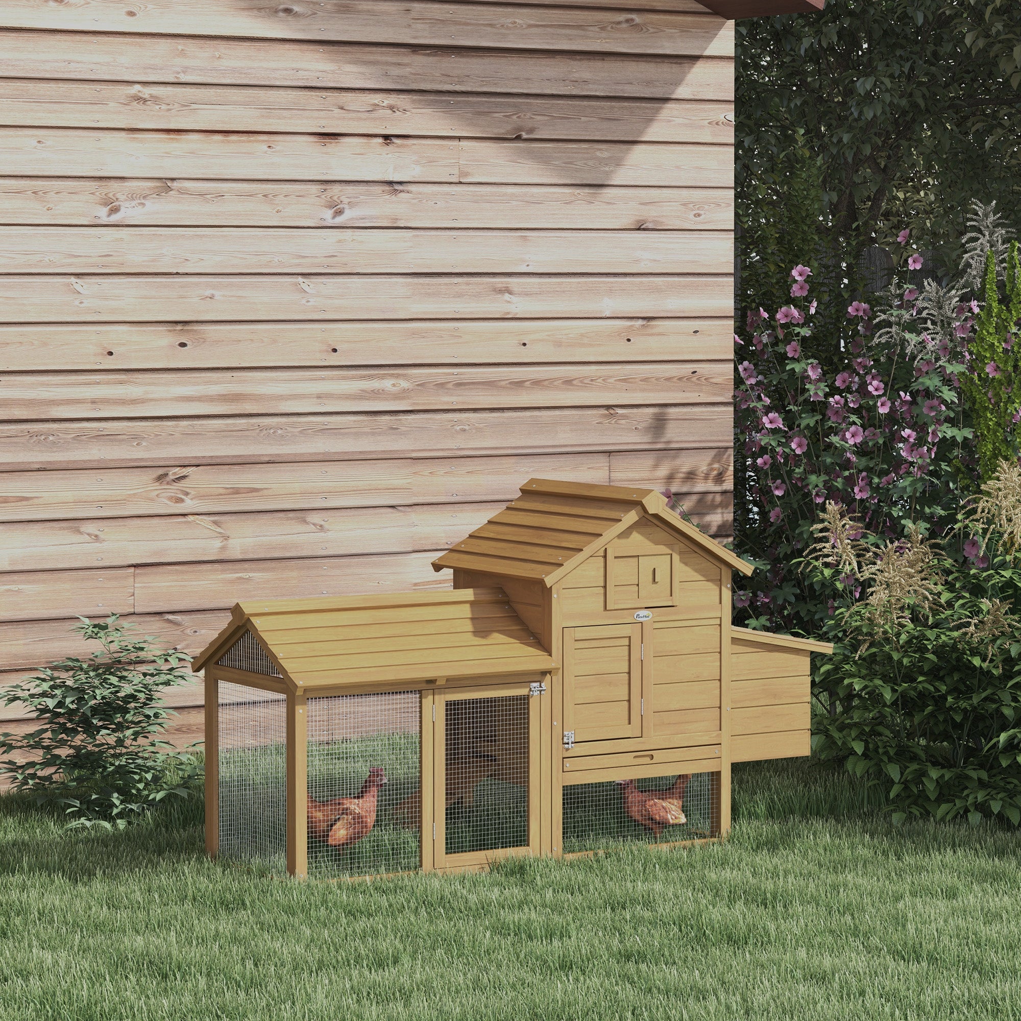 PawHut Small Chicken Coop with Run Hen House Poultry Coops Cages Nesting Box Wood 150.5 x 54 x 87cm - North Peak Garden Furniture