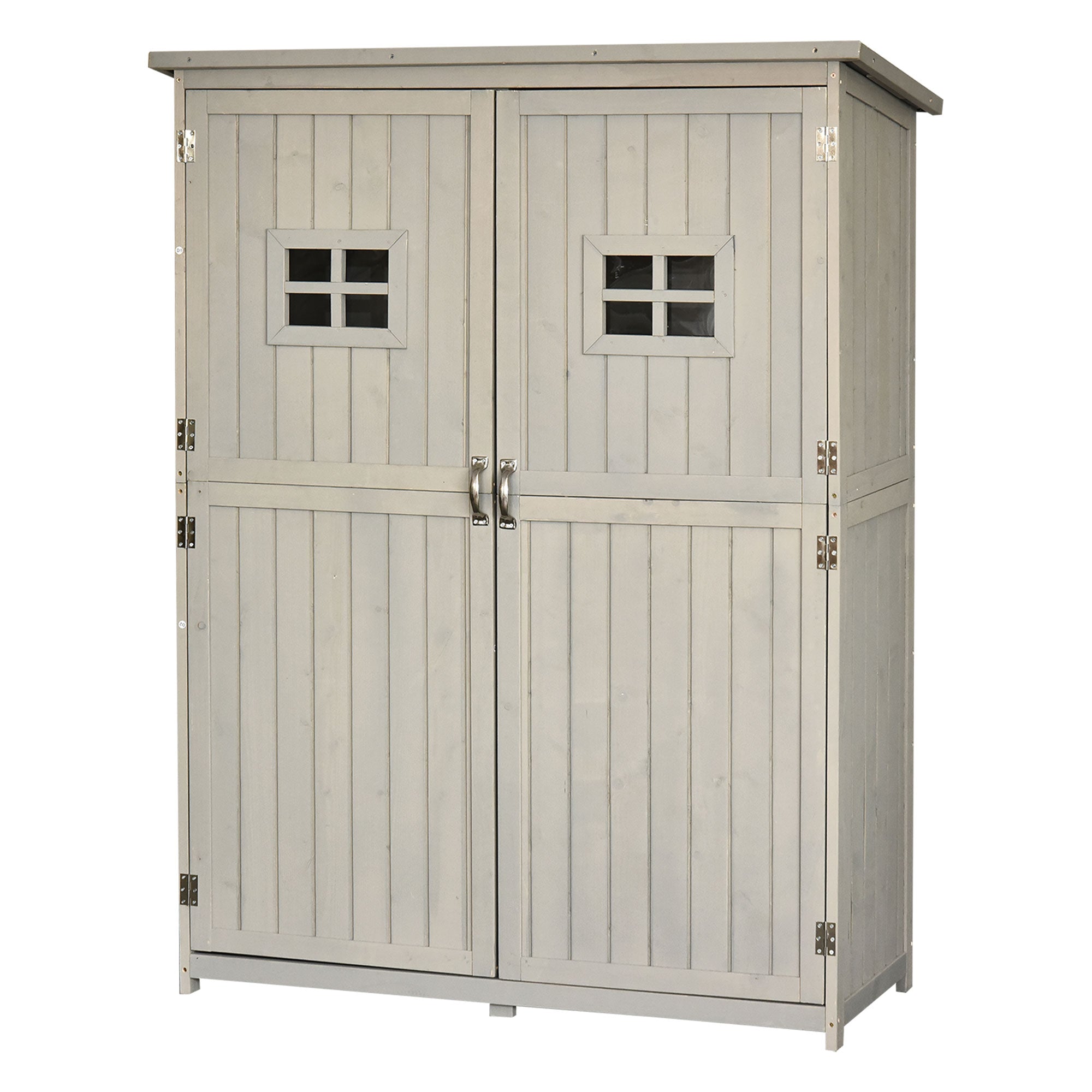 Outsunny Wooden Garden Shed with Two Windows, Tool Storage Cabinet, Outdoor Double Door Organizer 127.5L x 50W x 164H cm, Grey - North Peak Garden Furniture
