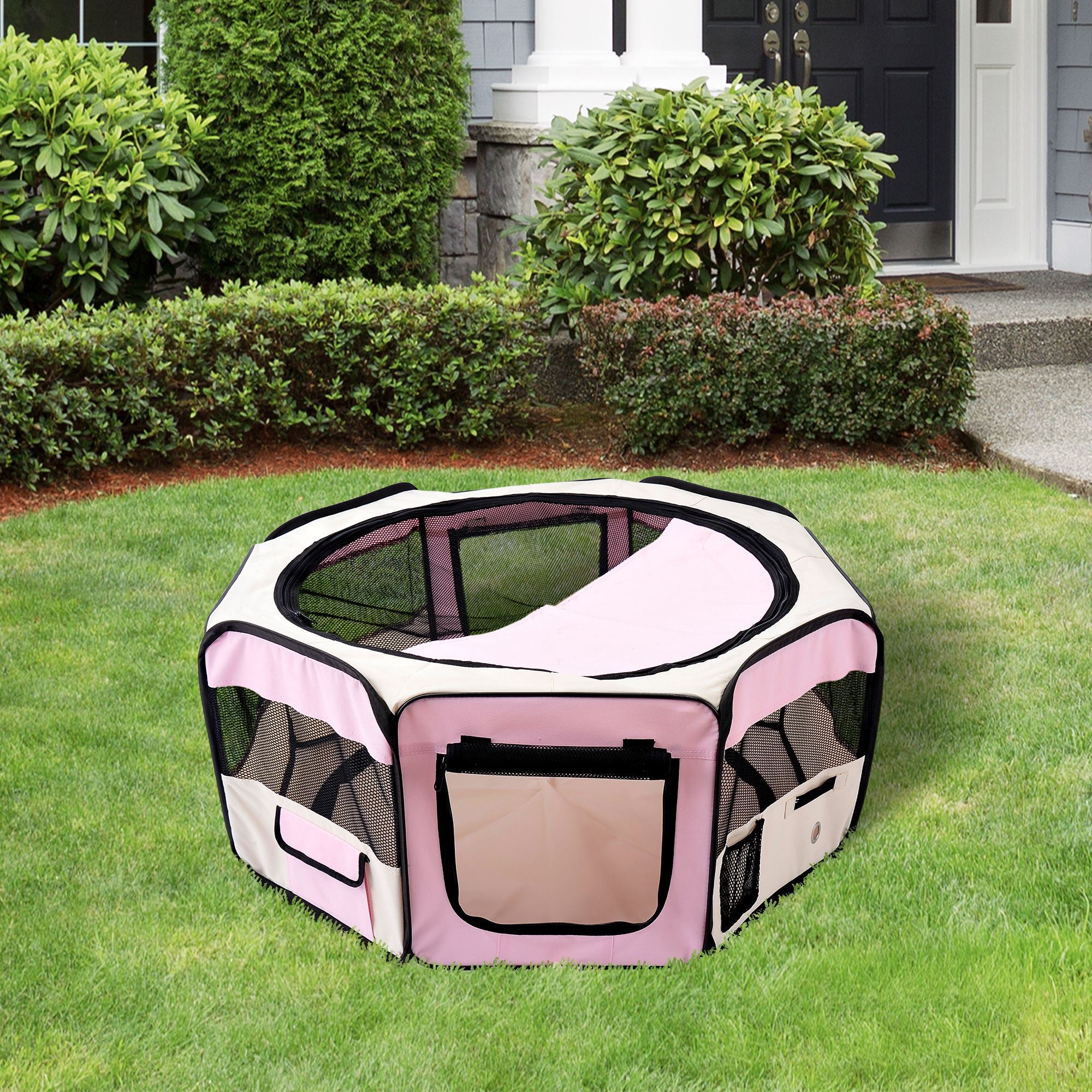 PawHut Portable Cat Dog Playpen Pet Puppy Rabbit Guinea Pig Pen Run Dia 90 x 41H cm Indoor & Outdoor Pink - North Peak Garden Furniture