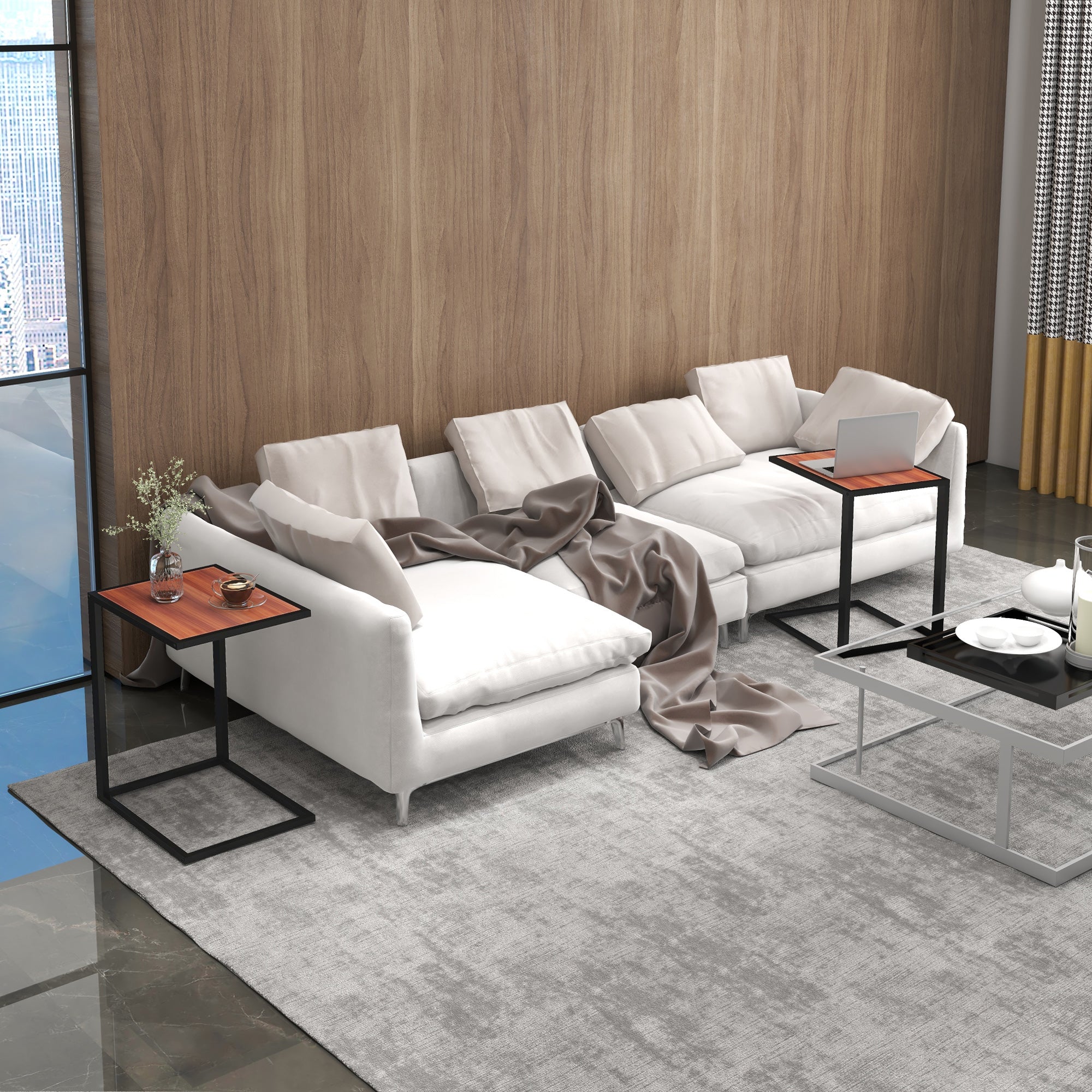 HOMCOM C-Shaped Side Table, Sofa End Table with Metal Frame, Accent Couch Table for Living room, Bedroom, Set of 2, Walnut and Black - North Peak Garden Furniture